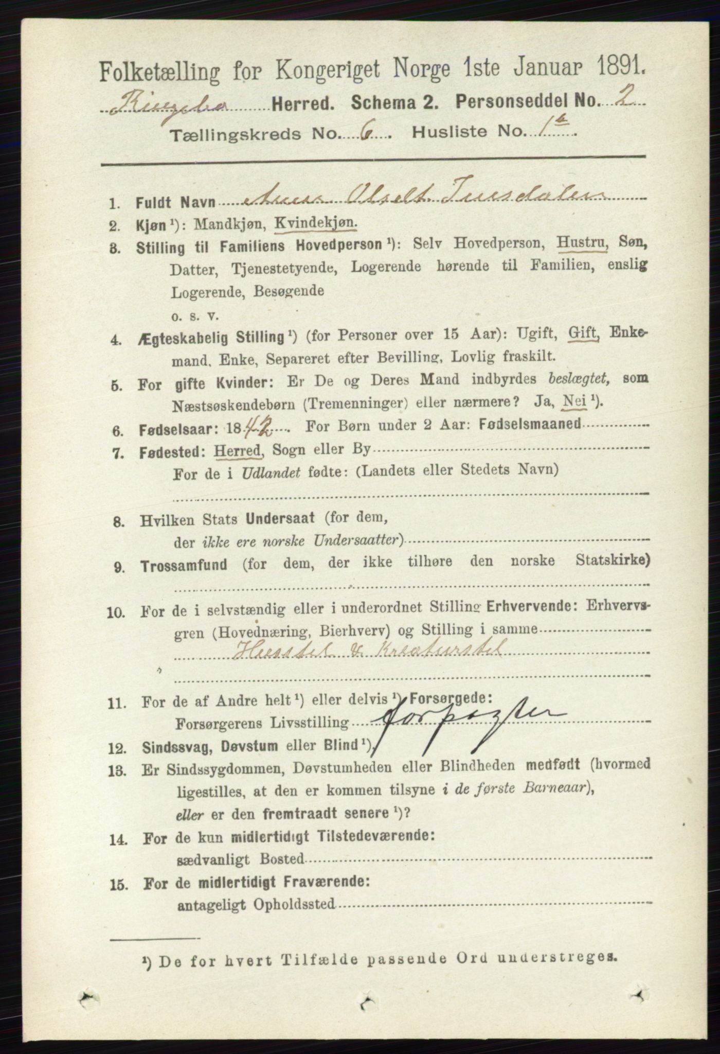 RA, 1891 census for 0520 Ringebu, 1891, p. 2449