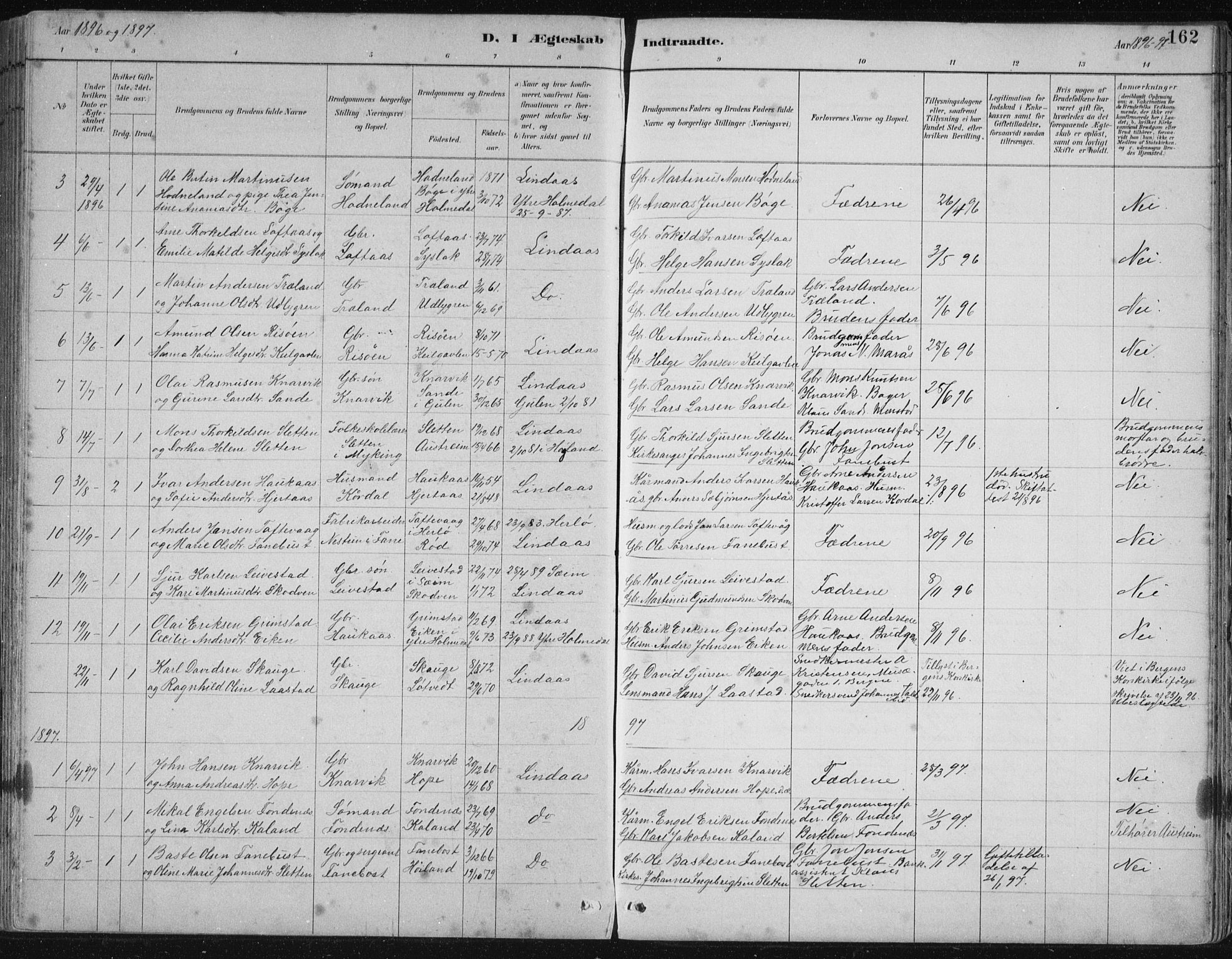 Lindås Sokneprestembete, AV/SAB-A-76701/H/Hab/Habb/L0003: Parish register (copy) no. B 3, 1886-1914, p. 162