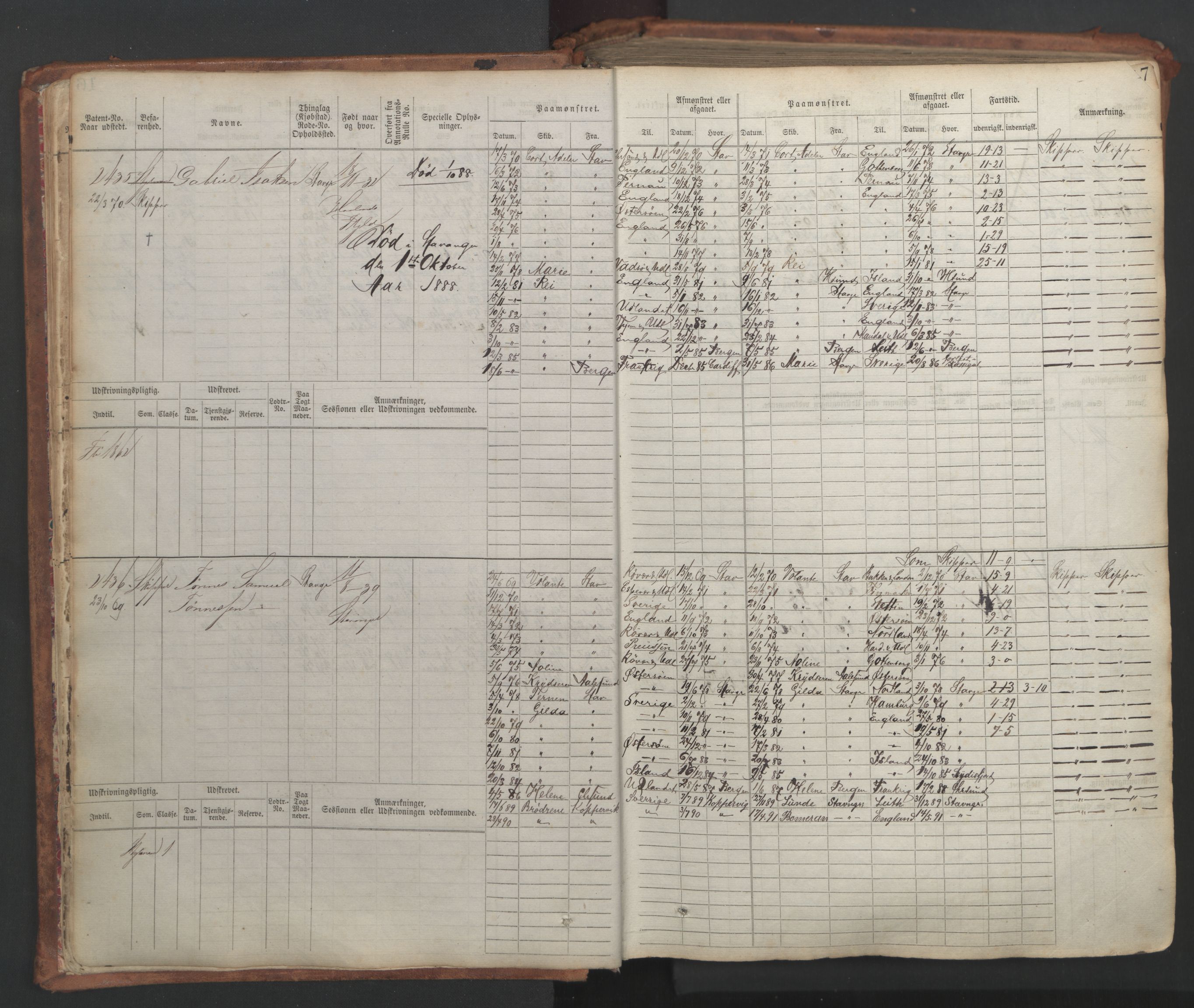 Stavanger sjømannskontor, AV/SAST-A-102006/F/Fb/Fbb/L0007: Sjøfartshovedrulle, patentnr. 2403-3604, 1869-1880, p. 20