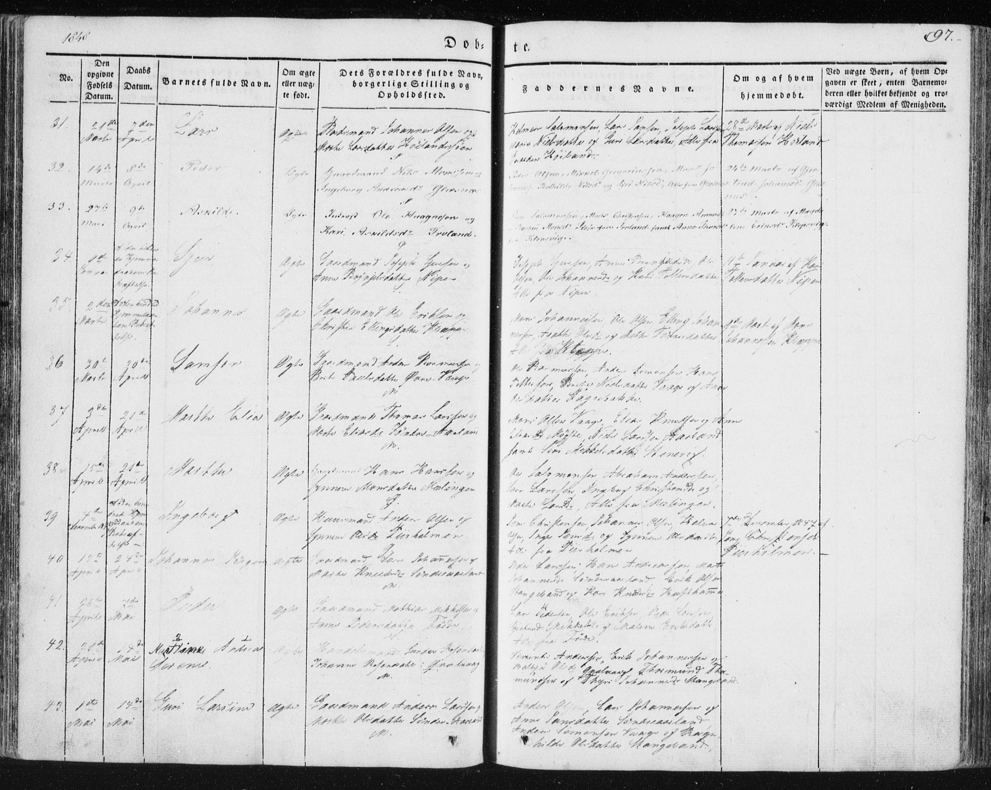 Sund sokneprestembete, AV/SAB-A-99930: Parish register (official) no. A 13, 1835-1849, p. 97