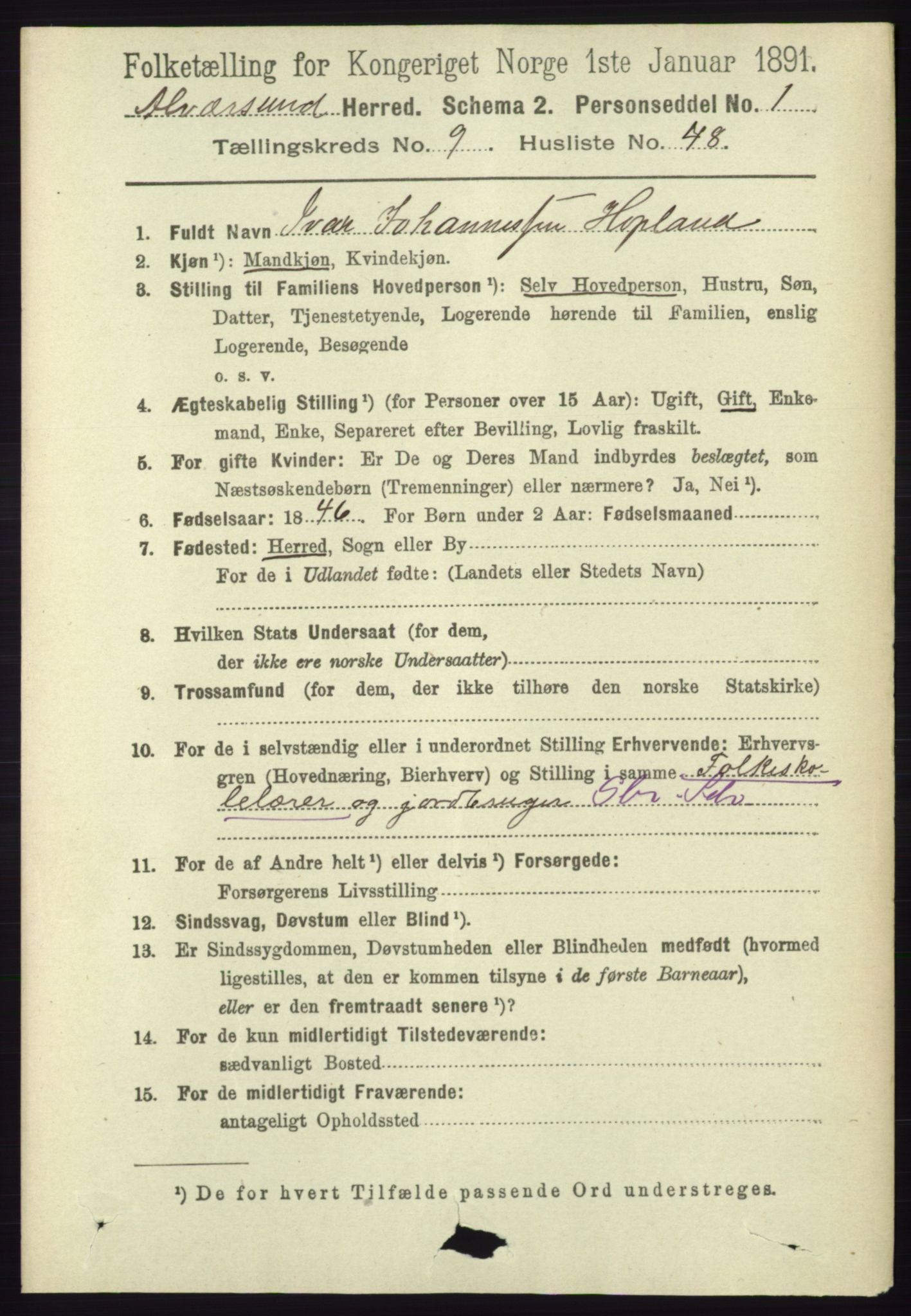 RA, 1891 census for 1257 Alversund, 1891, p. 3423