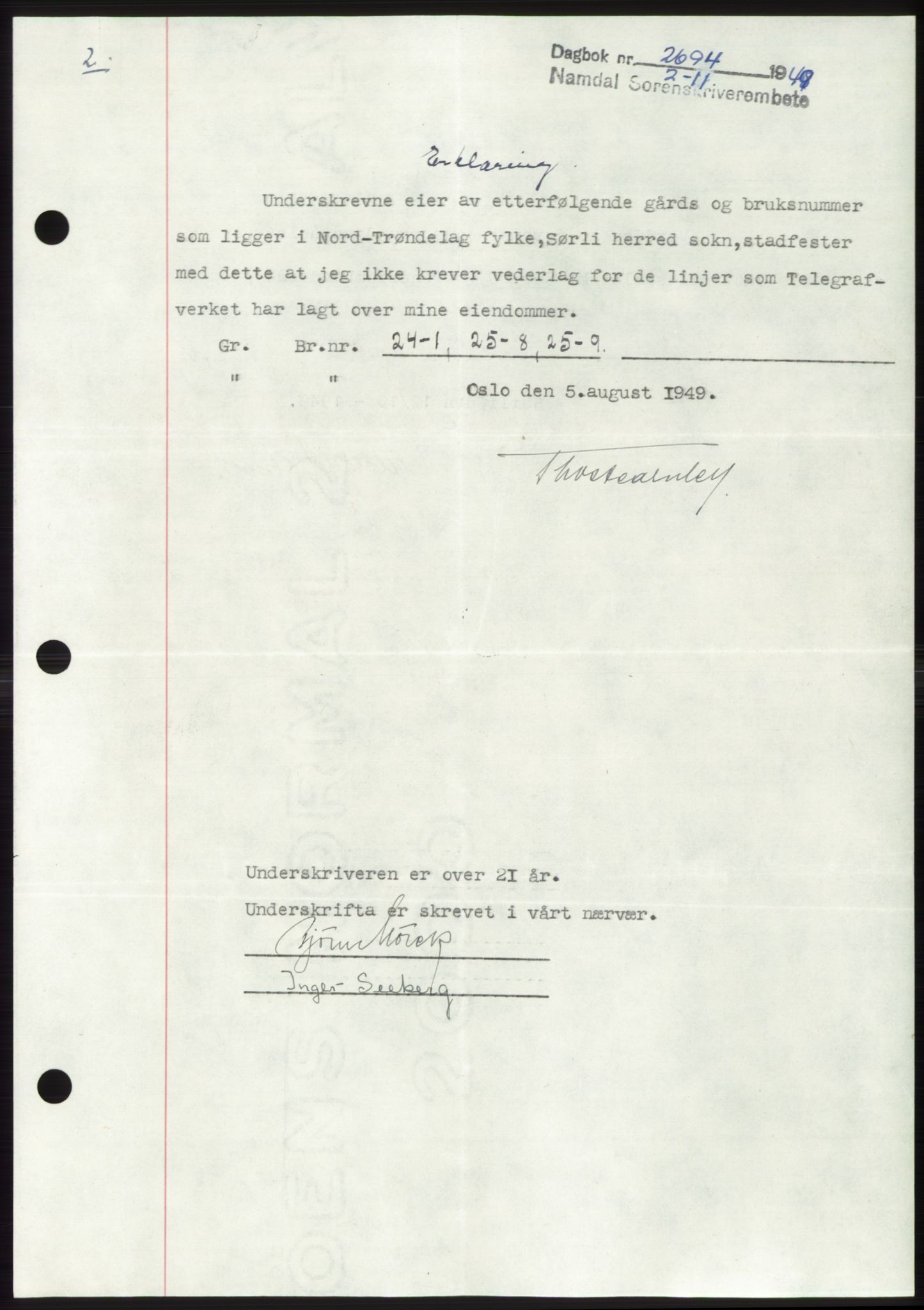 Namdal sorenskriveri, AV/SAT-A-4133/1/2/2C: Mortgage book no. -, 1949-1949, Diary no: : 2694/1949