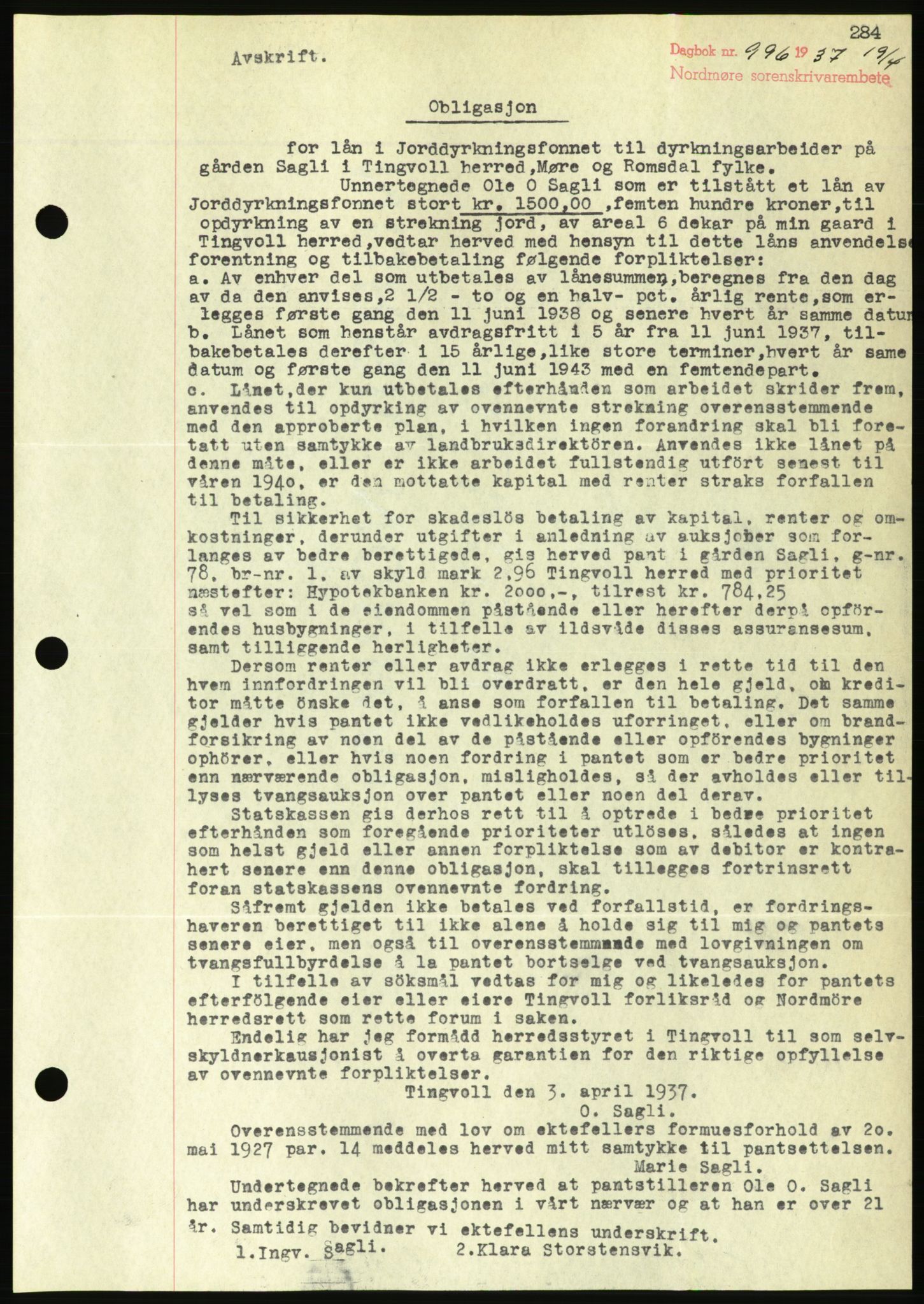 Nordmøre sorenskriveri, AV/SAT-A-4132/1/2/2Ca/L0091: Mortgage book no. B81, 1937-1937, Diary no: : 996/1937