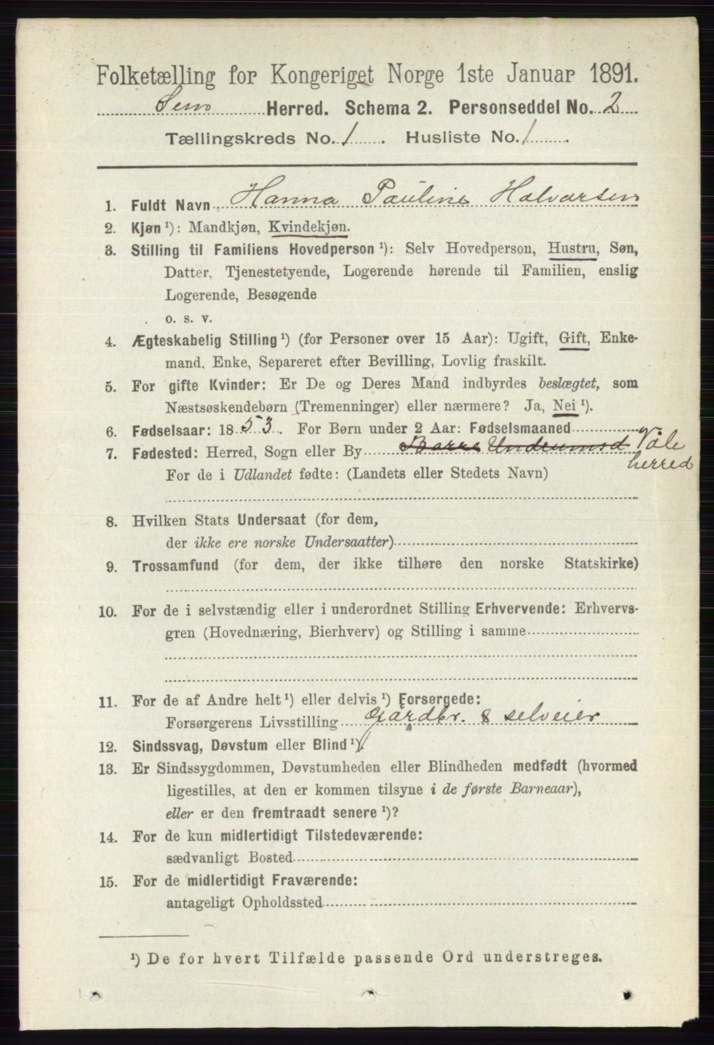 RA, 1891 census for 0721 Sem, 1891, p. 127