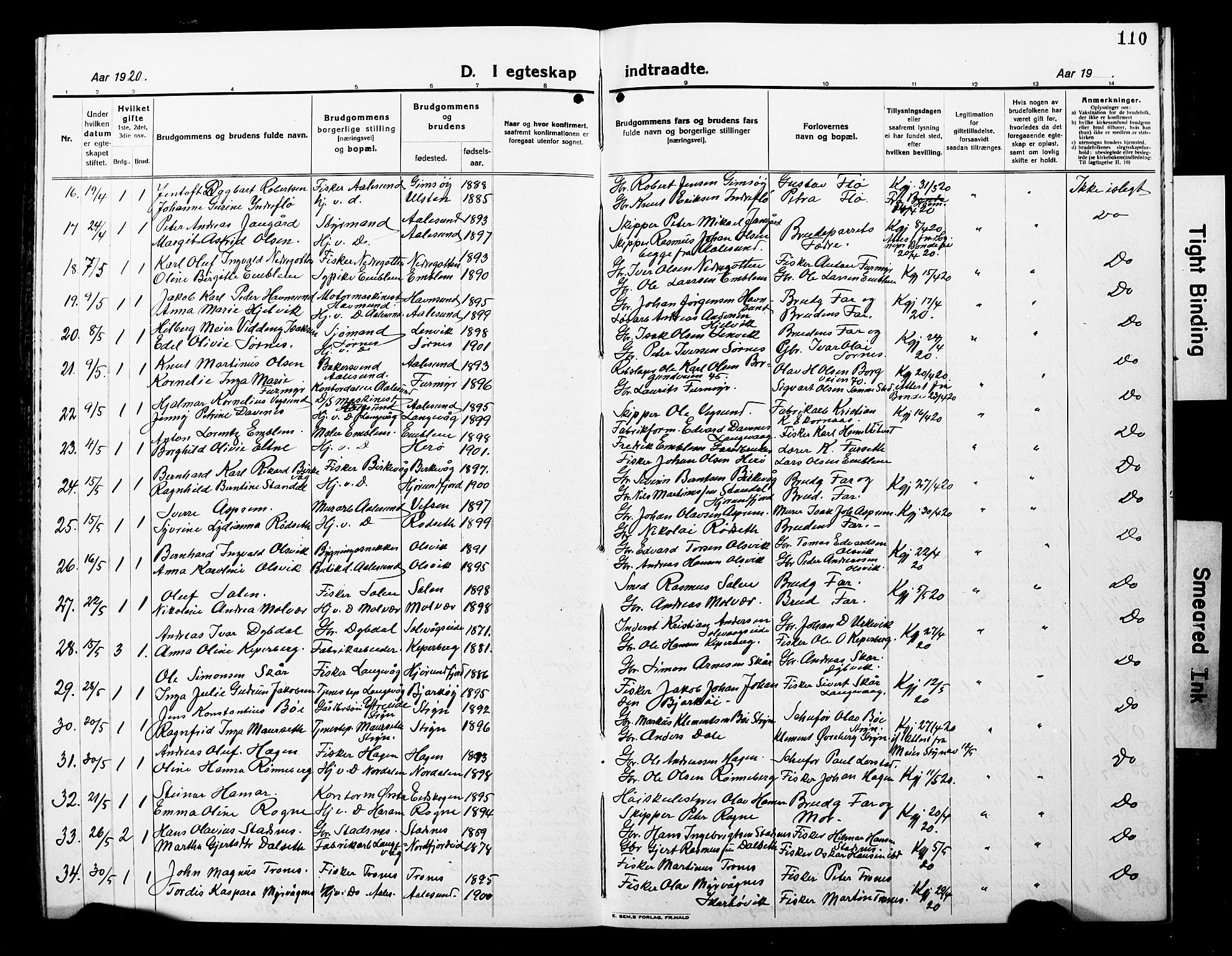 Ministerialprotokoller, klokkerbøker og fødselsregistre - Møre og Romsdal, AV/SAT-A-1454/528/L0434: Parish register (copy) no. 528C15, 1919-1927, p. 110