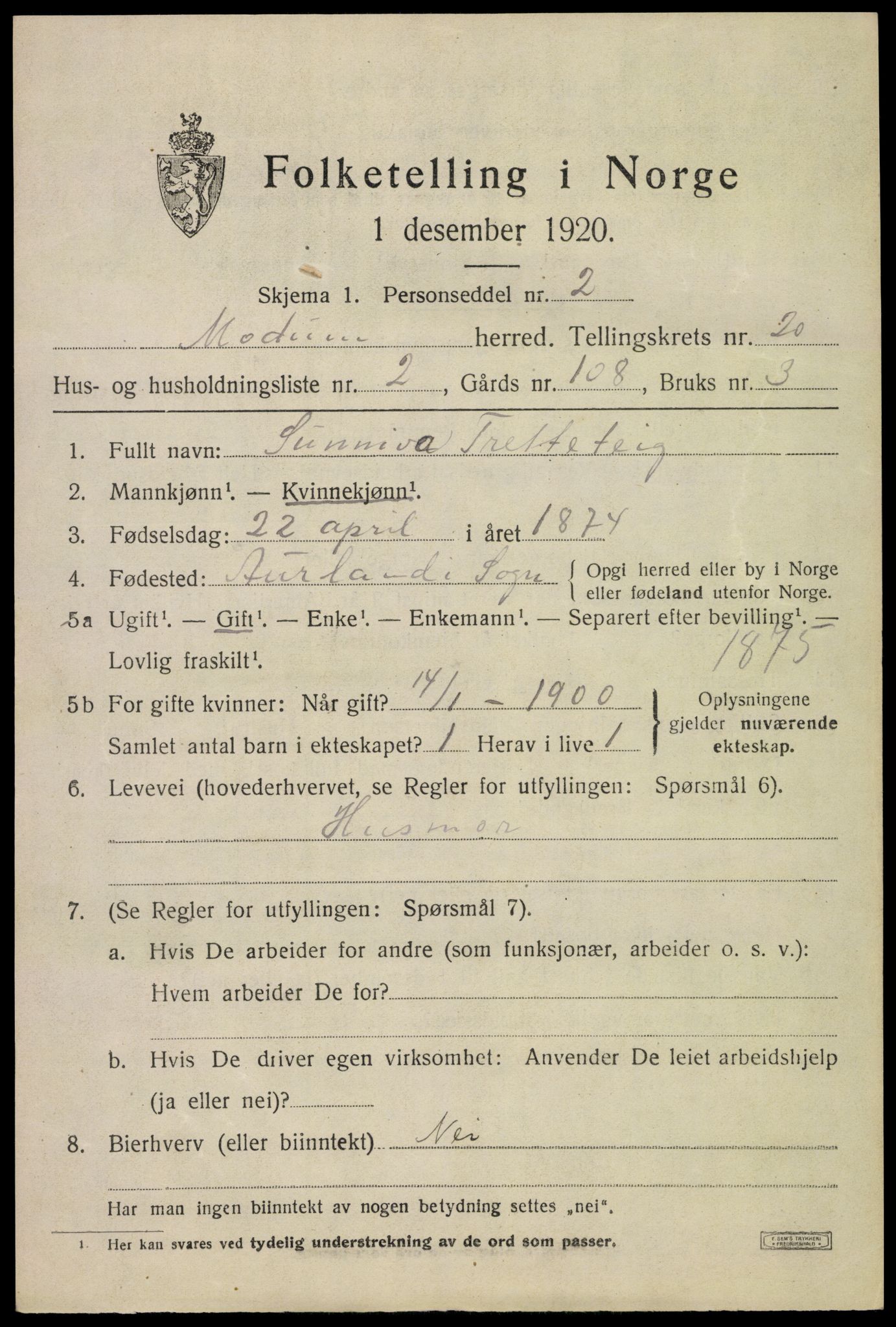 SAKO, 1920 census for Modum, 1920, p. 22109