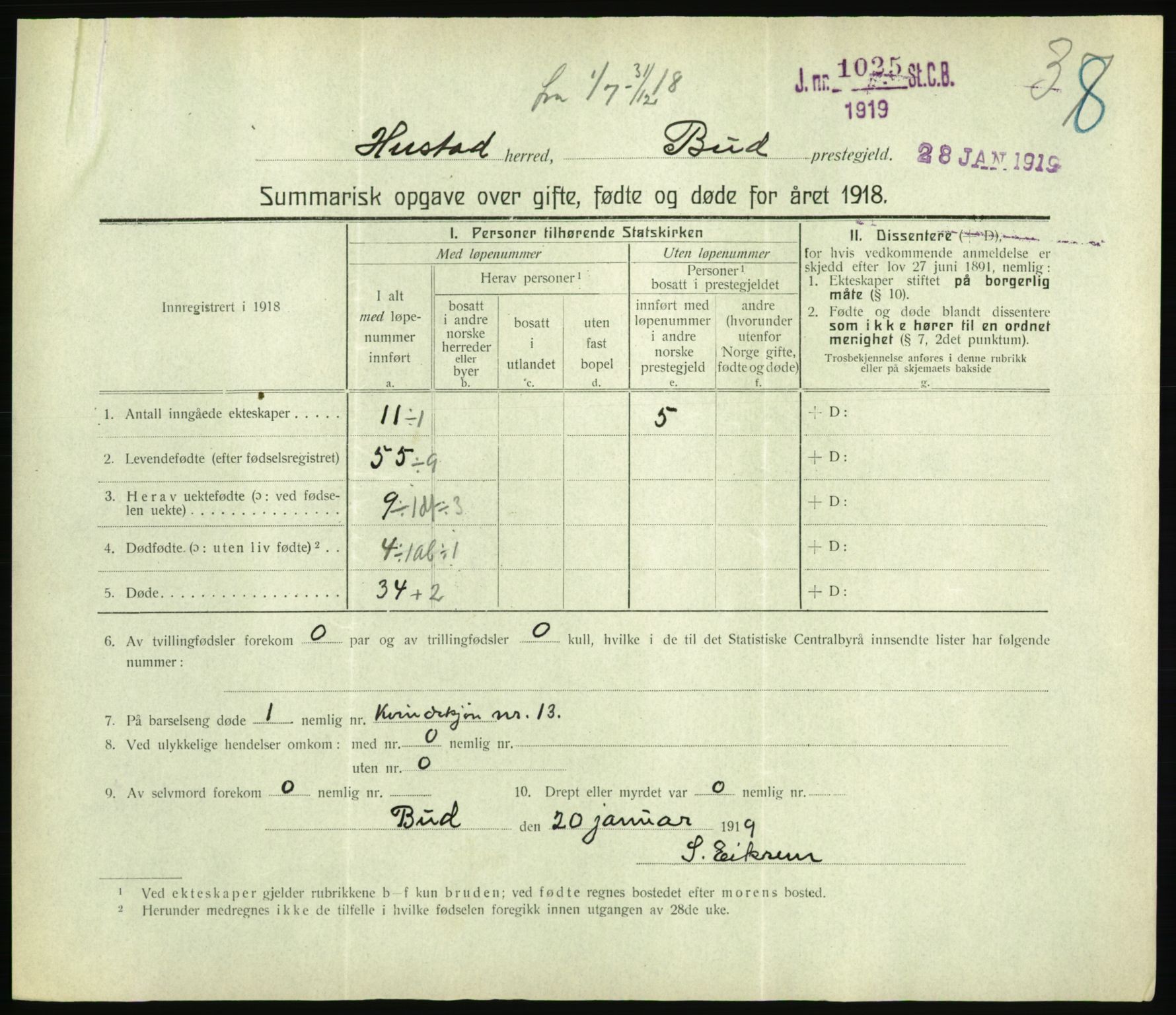 Statistisk sentralbyrå, Sosiodemografiske emner, Befolkning, RA/S-2228/D/Df/Dfb/Dfbh/L0059: Summariske oppgaver over gifte, fødte og døde for hele landet., 1918, p. 1189