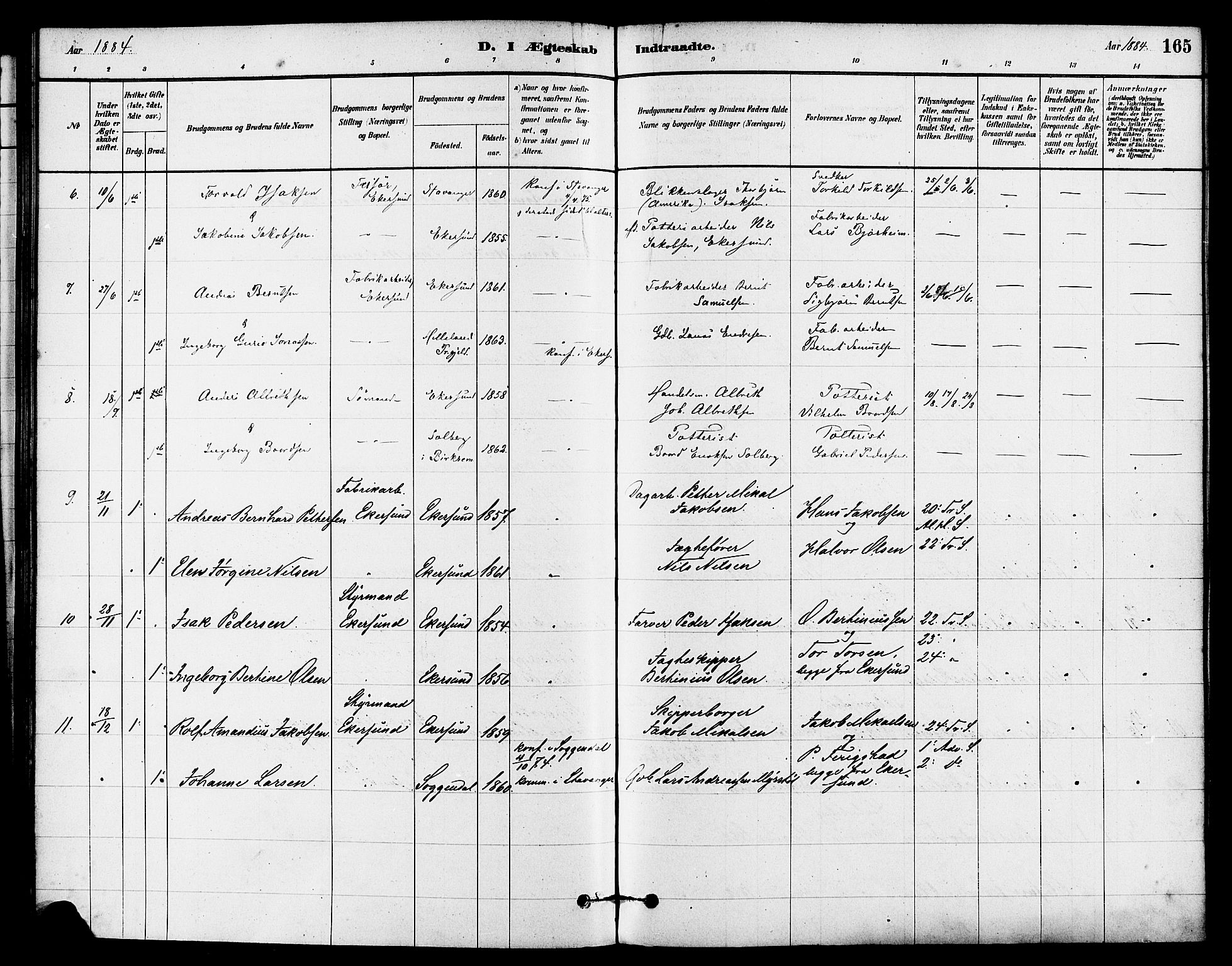 Eigersund sokneprestkontor, AV/SAST-A-101807/S08/L0015: Parish register (official) no. A 15, 1879-1892, p. 165