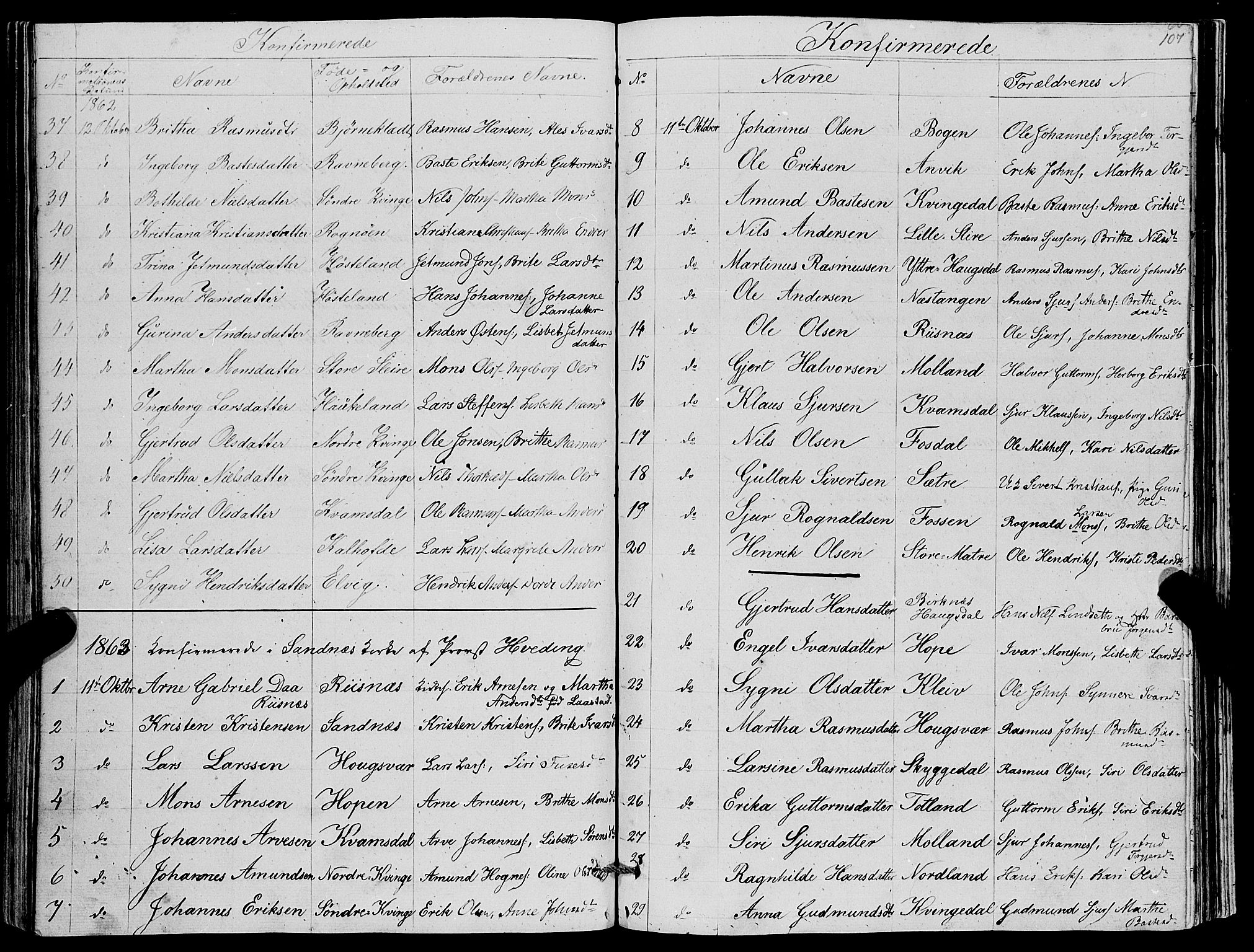 Masfjorden Sokneprestembete, SAB/A-77001: Parish register (copy) no. A 1, 1851-1875, p. 107