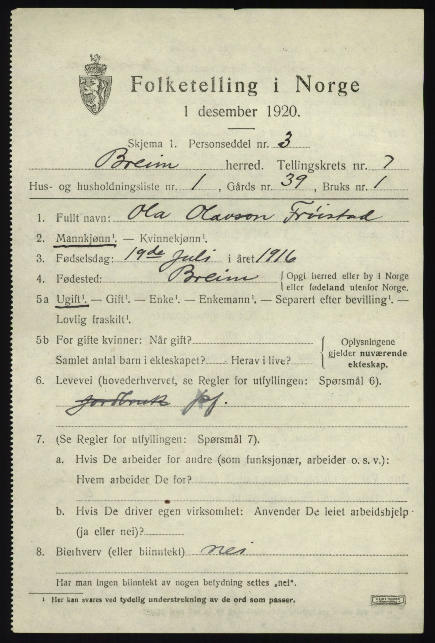 SAB, 1920 census for Breim, 1920, p. 3771