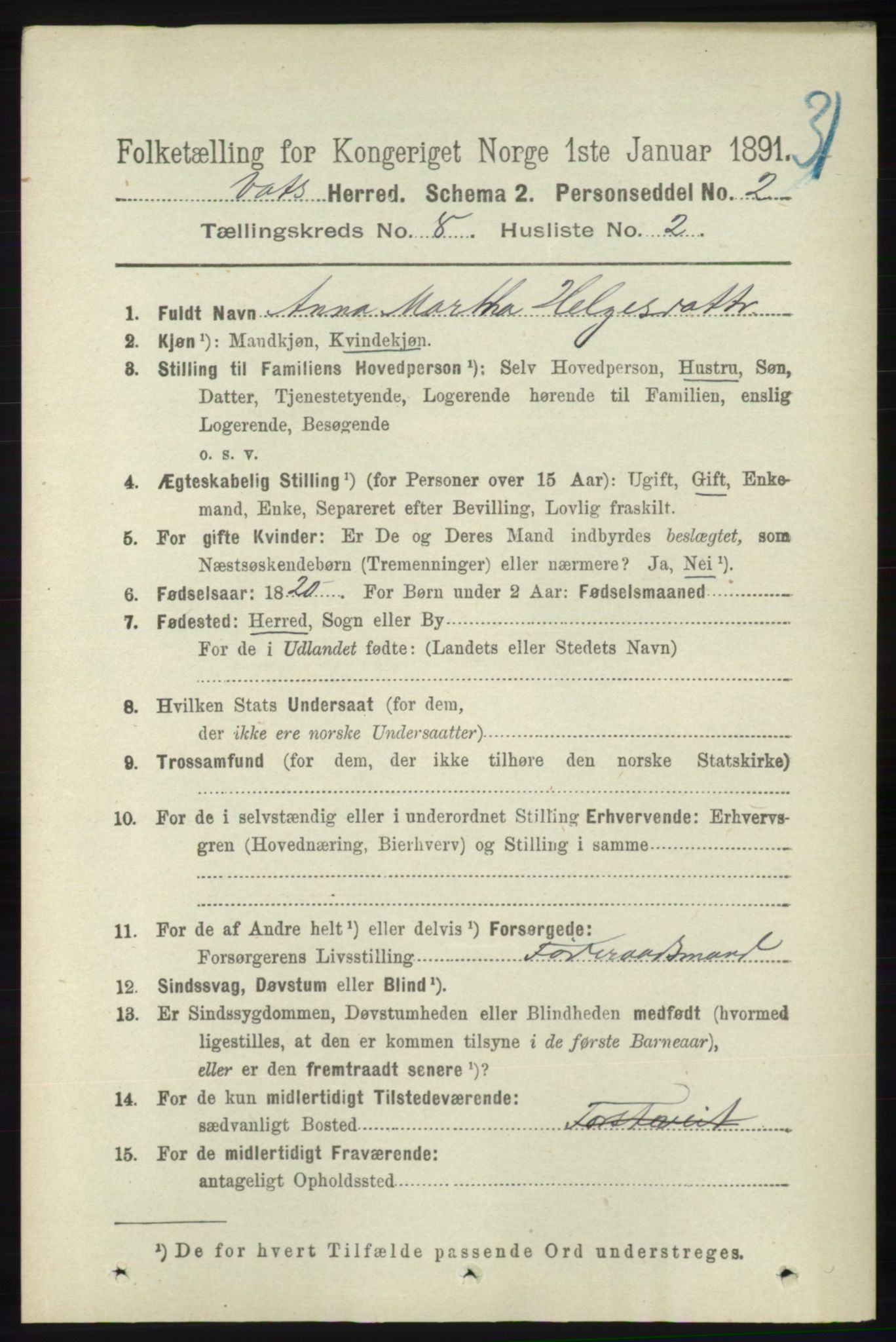 RA, 1891 census for 1155 Vats, 1891, p. 1339