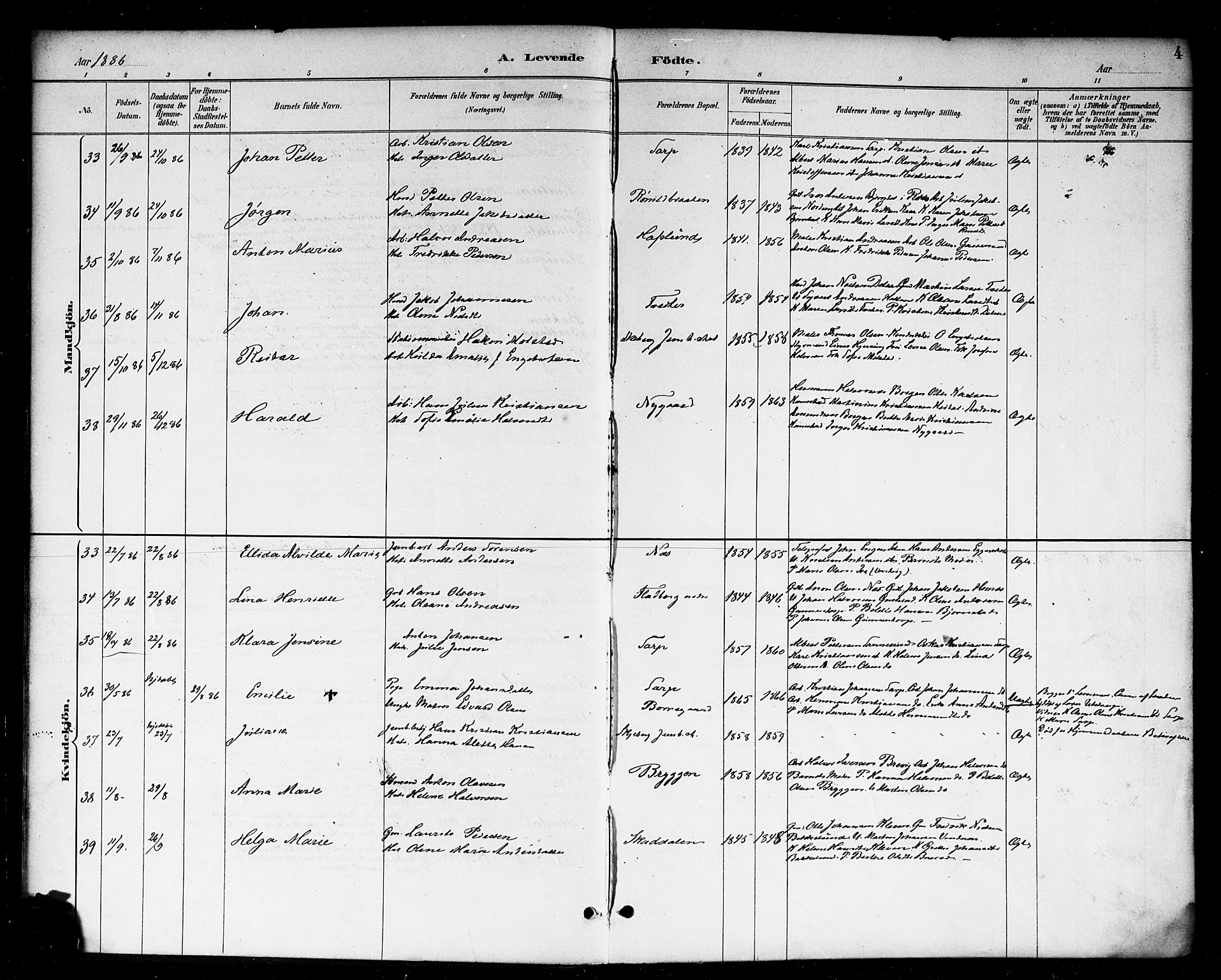 Skjeberg prestekontor Kirkebøker, AV/SAO-A-10923/F/Fa/L0009: Parish register (official) no. I 9, 1886-1897, p. 4