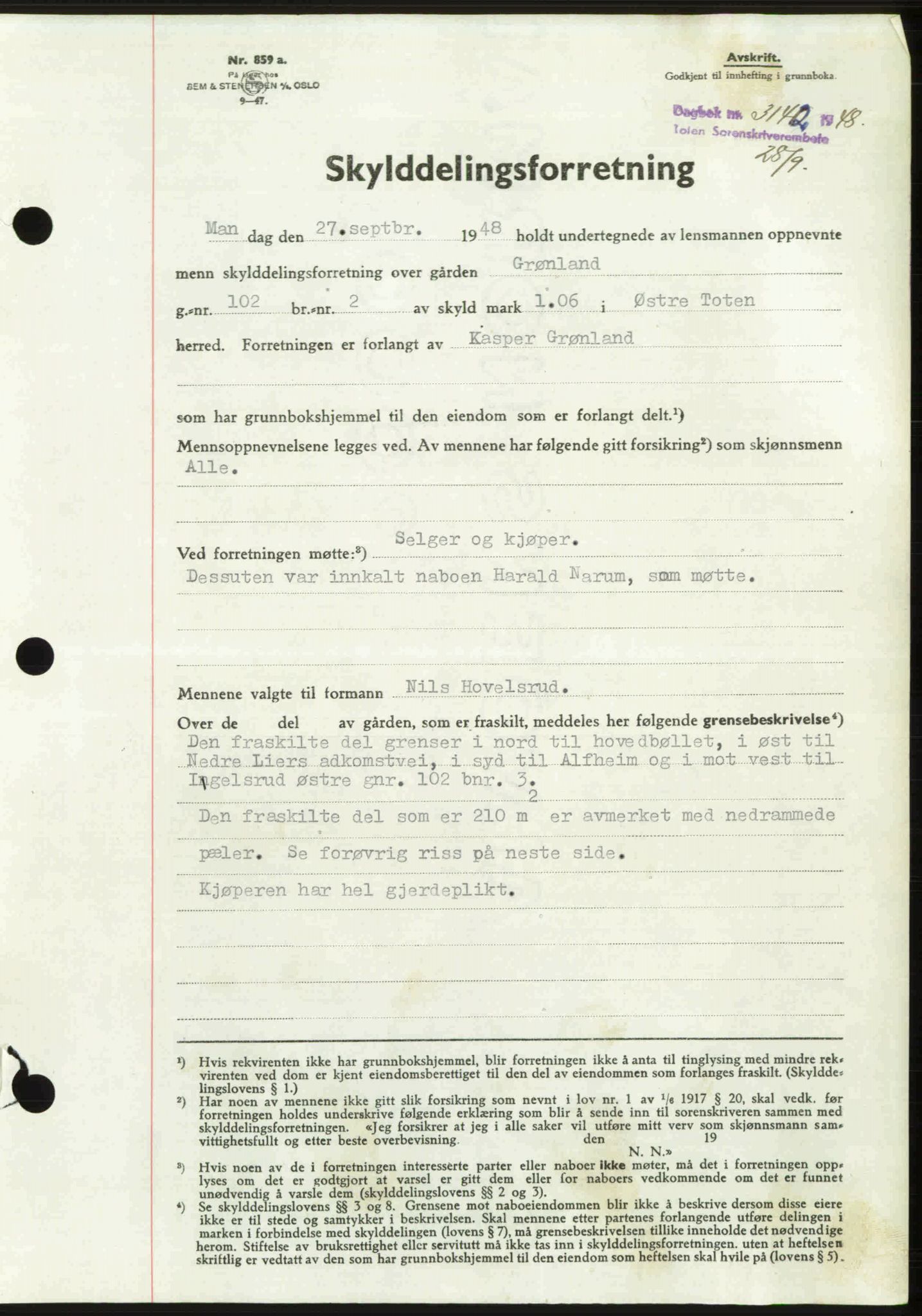 Toten tingrett, SAH/TING-006/H/Hb/Hbc/L0020: Mortgage book no. Hbc-20, 1948-1948, Diary no: : 3142/1948