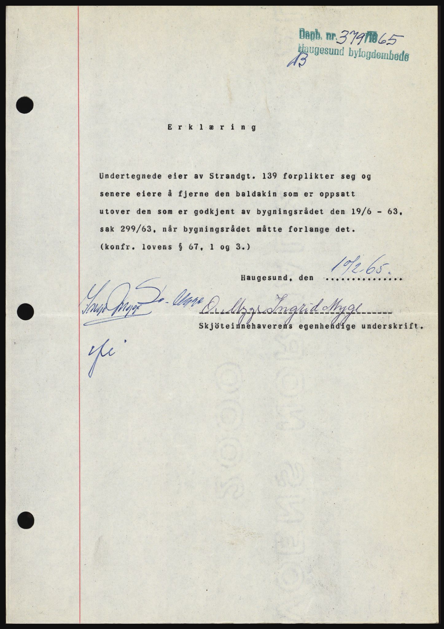 Haugesund tingrett, SAST/A-101415/01/II/IIC/L0053: Mortgage book no. B 53, 1965-1965, Diary no: : 379/1965