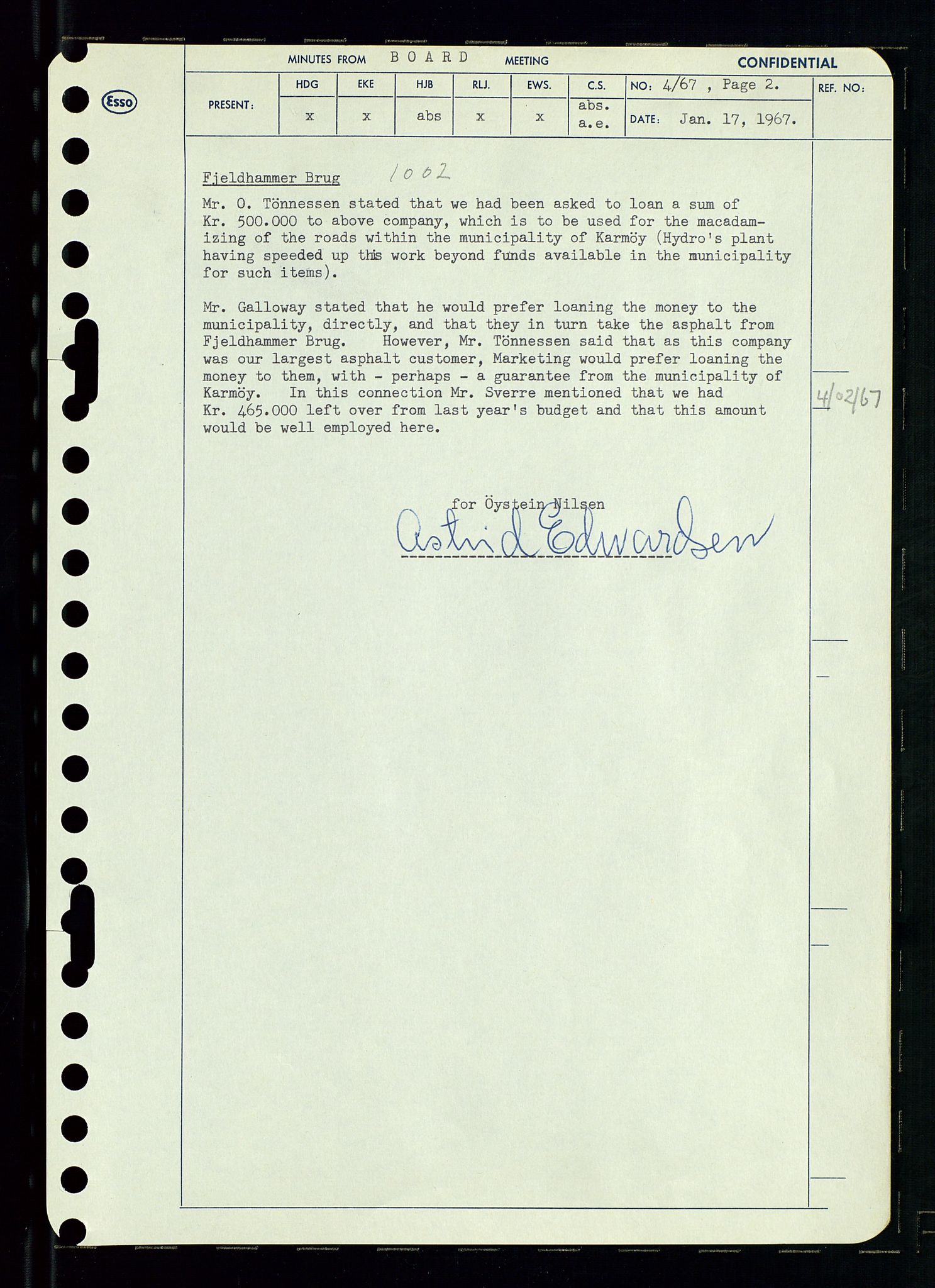 Pa 0982 - Esso Norge A/S, AV/SAST-A-100448/A/Aa/L0002/0003: Den administrerende direksjon Board minutes (styrereferater) / Den administrerende direksjon Board minutes (styrereferater), 1967, p. 9