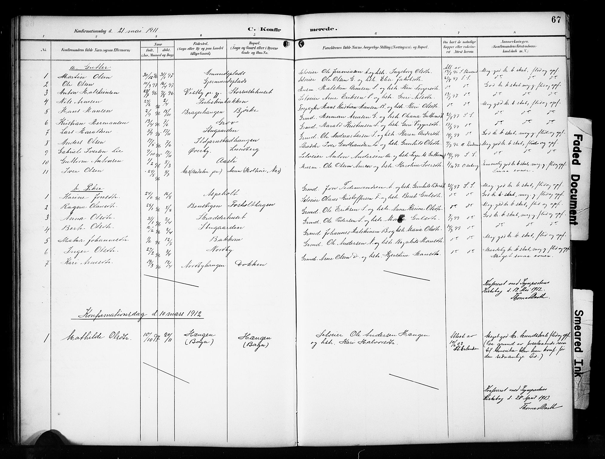 Sør-Aurdal prestekontor, SAH/PREST-128/H/Ha/Hab/L0017: Parish register (copy) no. 17, 1894-1923, p. 67