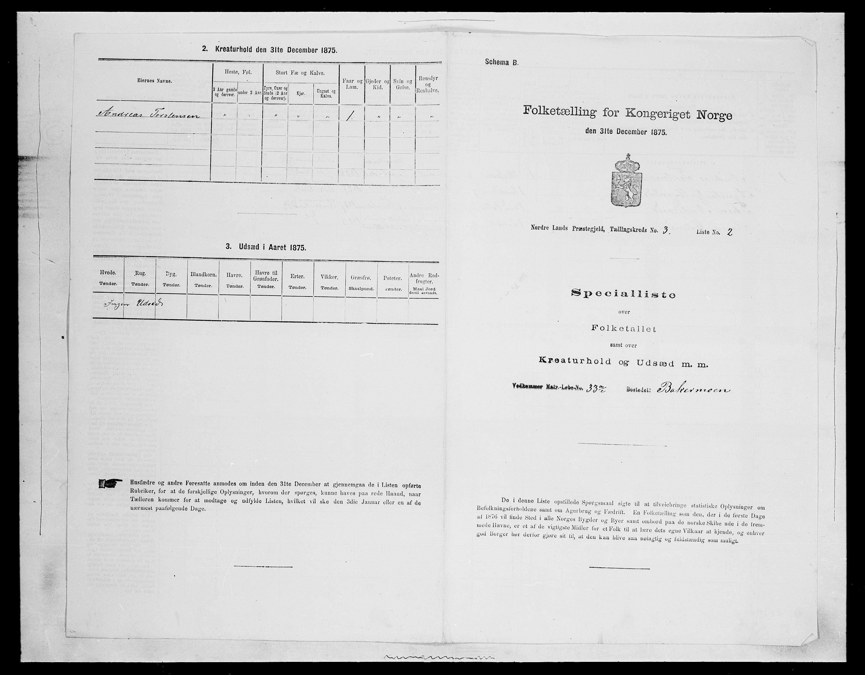 SAH, 1875 census for 0538P Nordre Land, 1875, p. 485