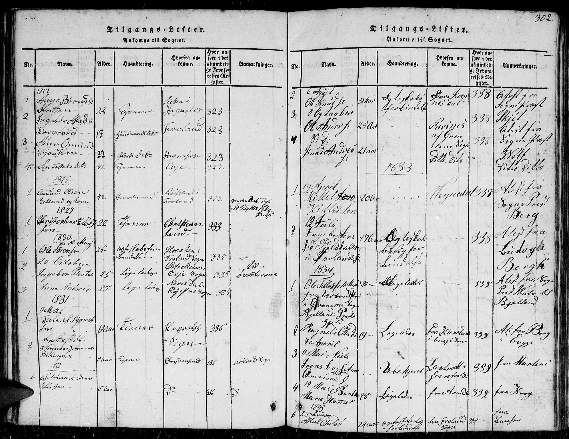 Herefoss sokneprestkontor, SAK/1111-0019/F/Fb/Fbc/L0001: Parish register (copy) no. B 1, 1816-1866, p. 302