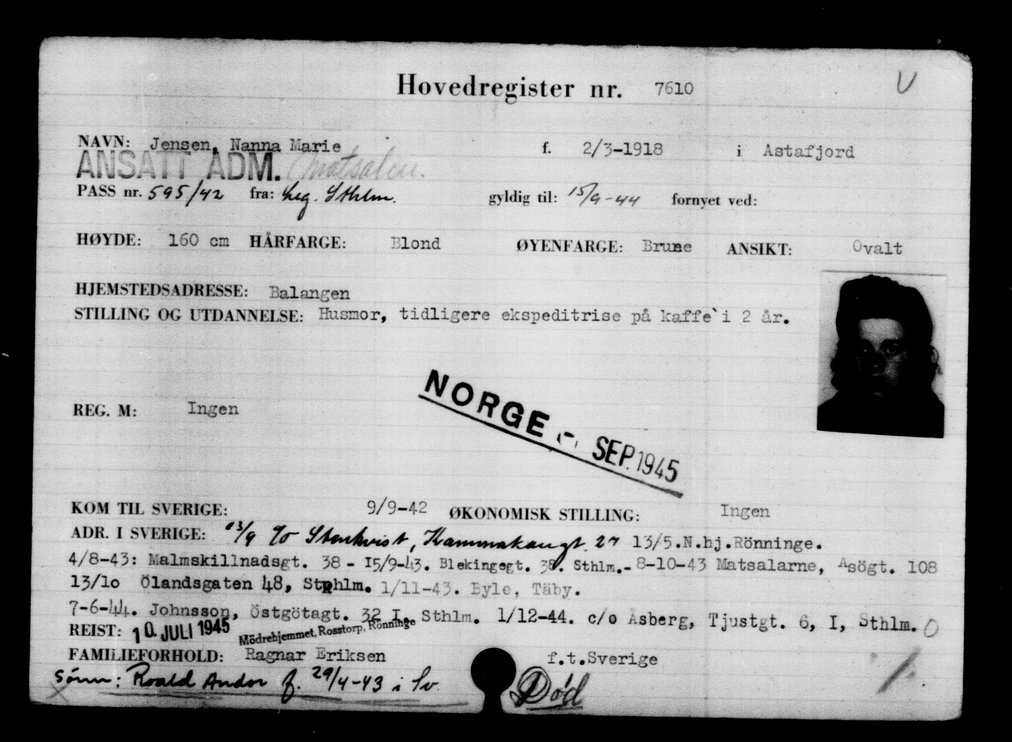 Utenriksstasjonene, Legasjonen i Stockholm, Flyktningkontoret, AV/RA-S-6753/V/Va/L0005: Kjesäterkartoteket, flyktninger med registreringsnr. 6600-9417, 1940-1945, p. 1180