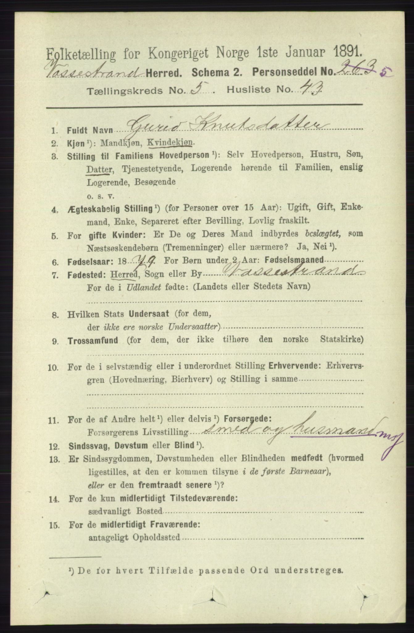 RA, 1891 census for 1236 Vossestrand, 1891, p. 2159