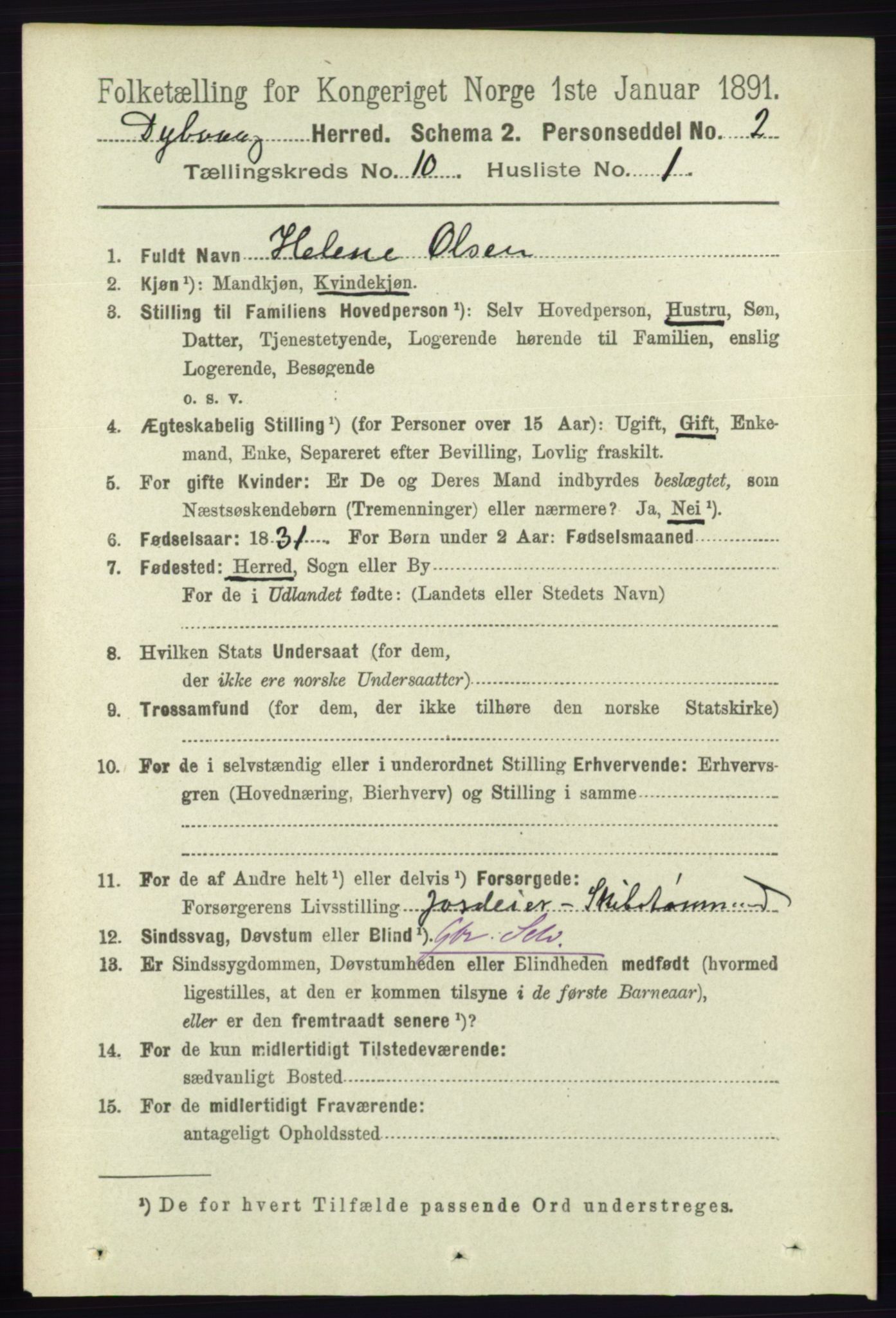 RA, 1891 census for 0915 Dypvåg, 1891, p. 3705