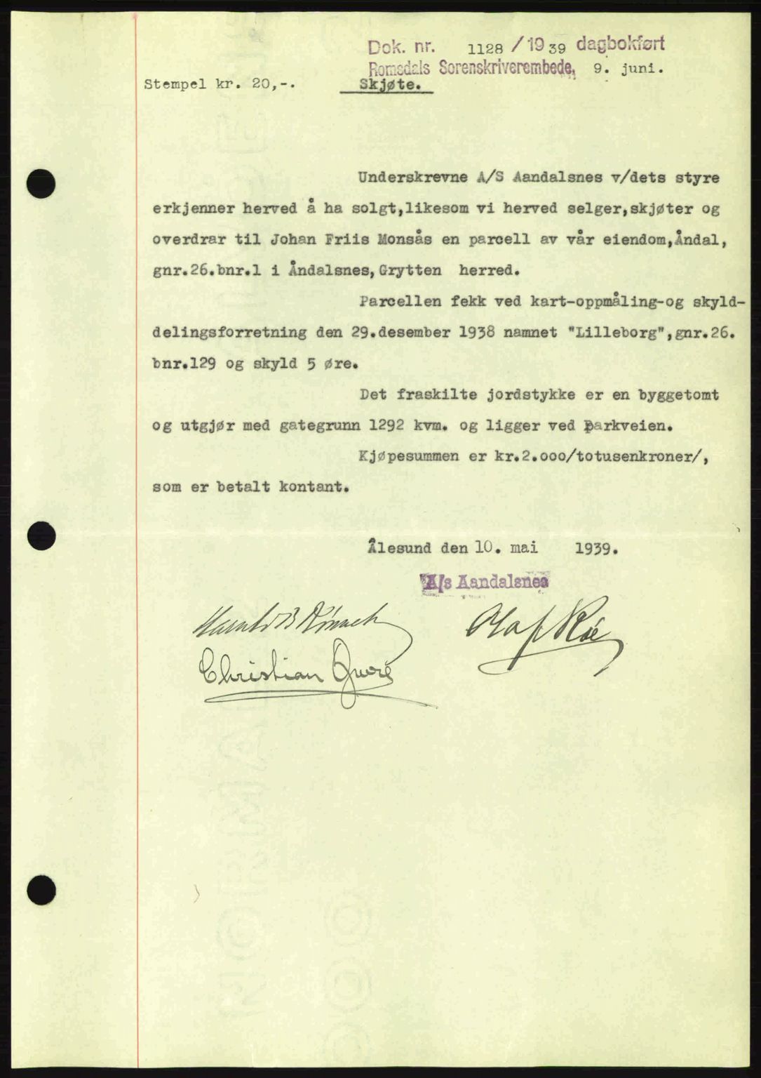 Romsdal sorenskriveri, AV/SAT-A-4149/1/2/2C: Mortgage book no. A7, 1939-1939, Diary no: : 1128/1939