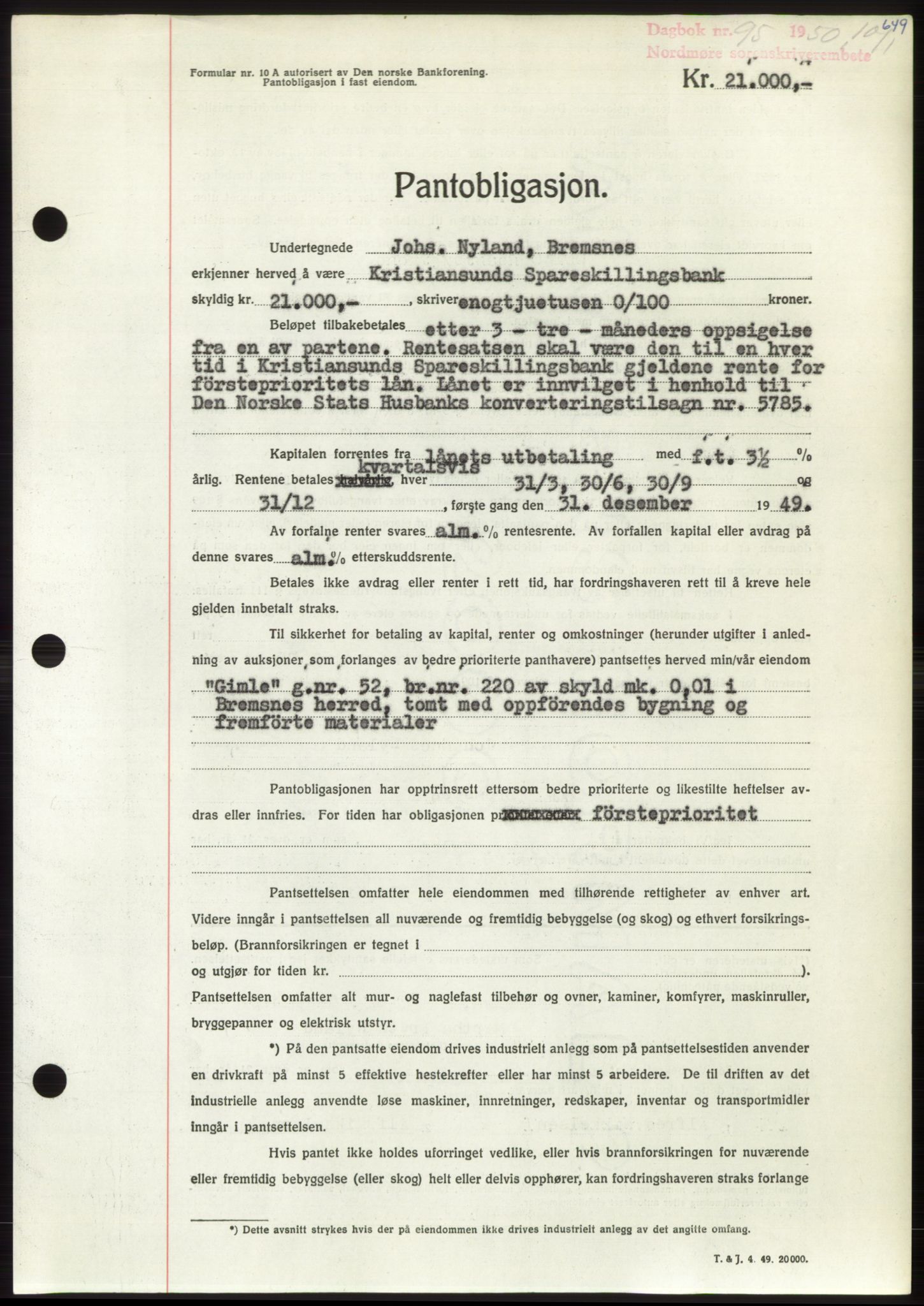 Nordmøre sorenskriveri, AV/SAT-A-4132/1/2/2Ca: Mortgage book no. B103, 1949-1950, Diary no: : 95/1950