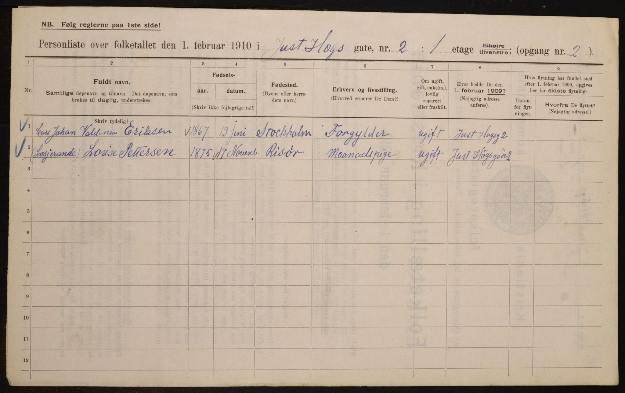 OBA, Municipal Census 1910 for Kristiania, 1910, p. 46296