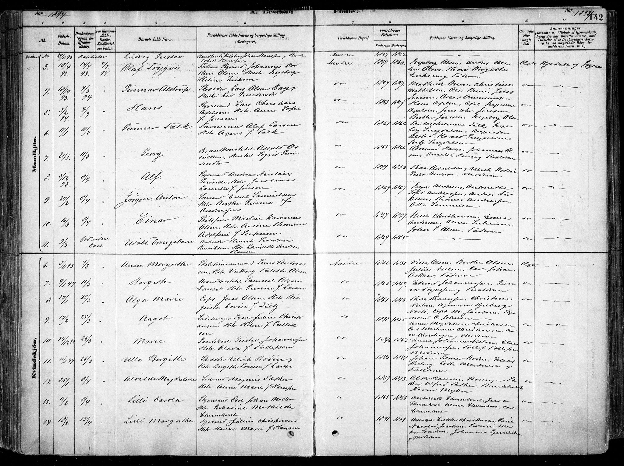 Arendal sokneprestkontor, Trefoldighet, AV/SAK-1111-0040/F/Fa/L0008: Parish register (official) no. A 8, 1878-1899, p. 142