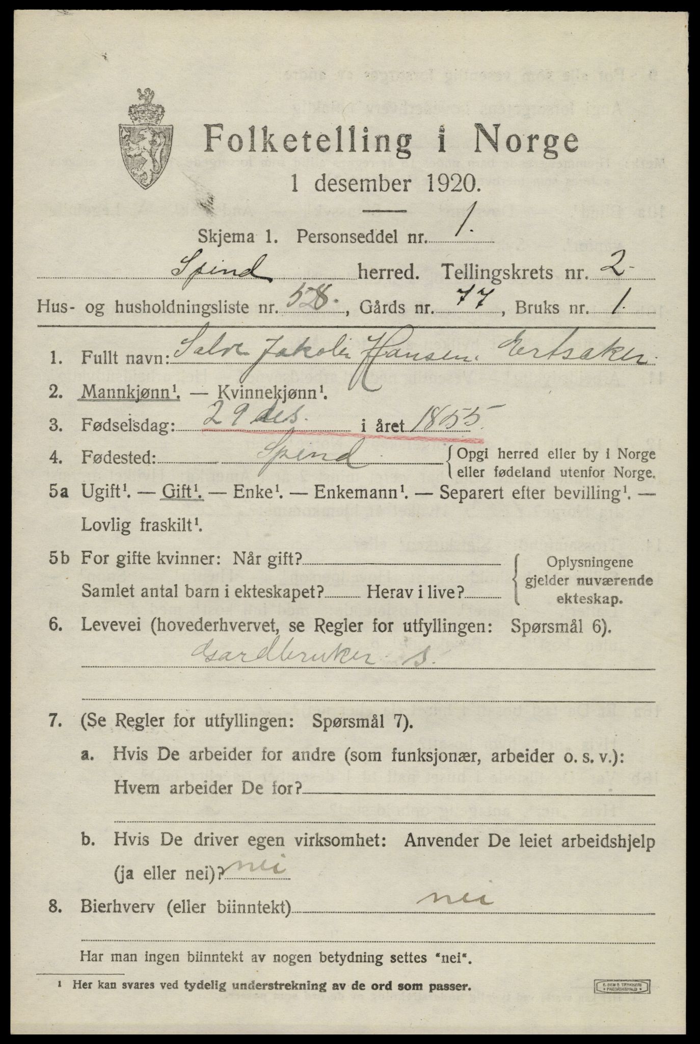 SAK, 1920 census for Spind, 1920, p. 1603