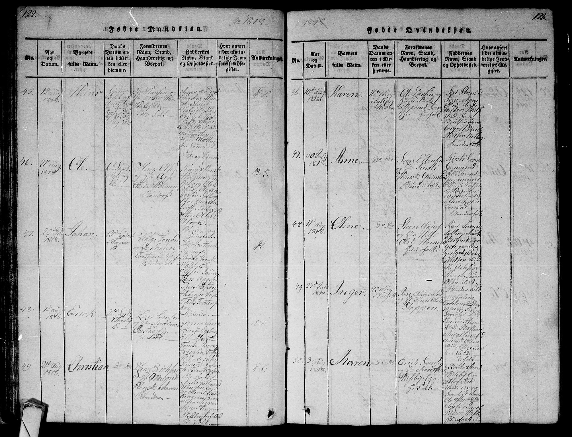 Lier kirkebøker, AV/SAKO-A-230/G/Ga/L0001: Parish register (copy) no. I 1, 1813-1824, p. 122-123