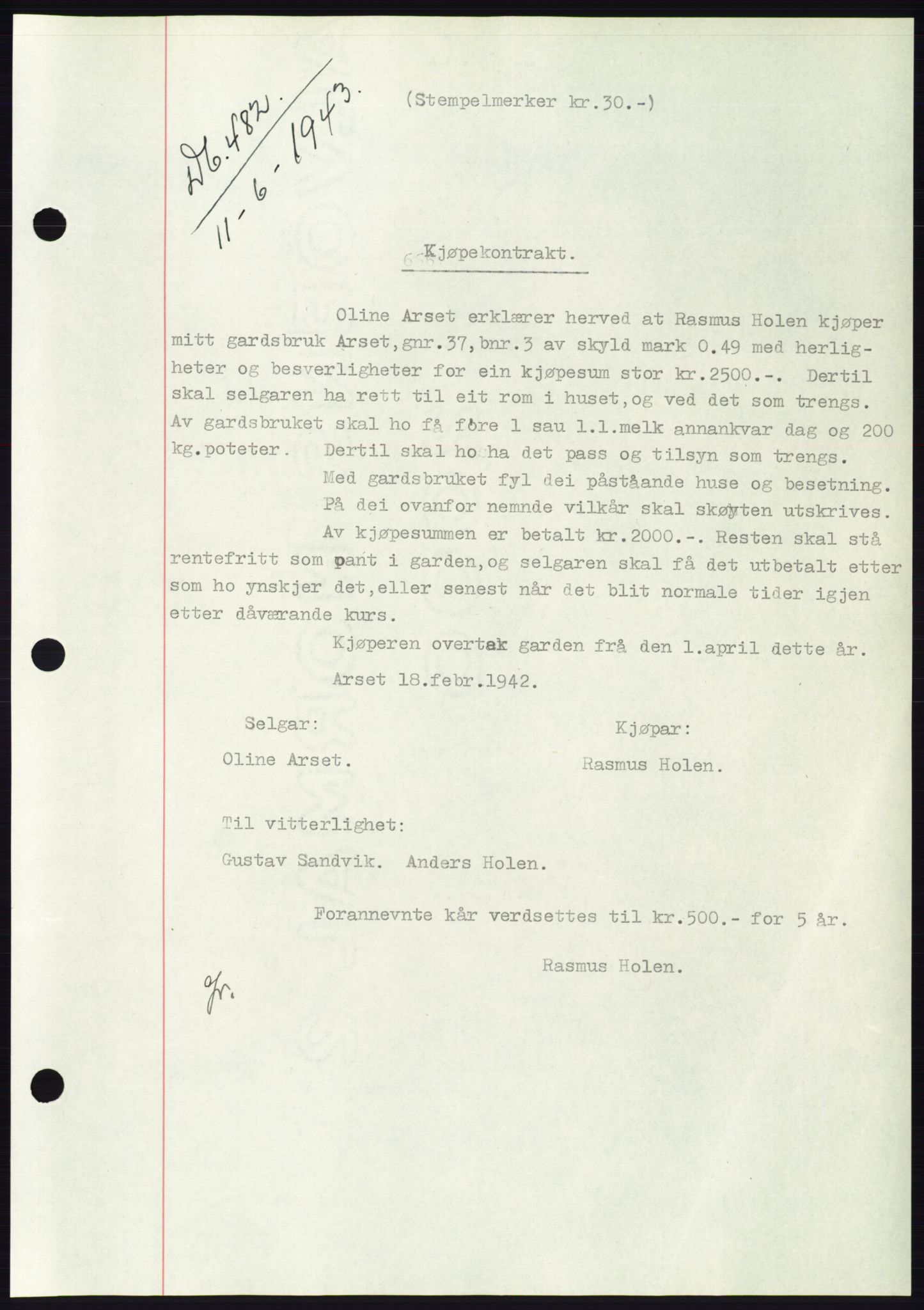 Søre Sunnmøre sorenskriveri, AV/SAT-A-4122/1/2/2C/L0114: Mortgage book no. 1-2B, 1943-1947, Diary no: : 482/1943