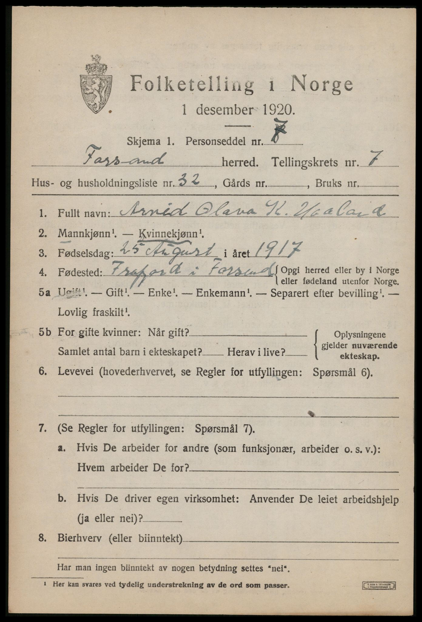 SAST, 1920 census for Forsand, 1920, p. 3763