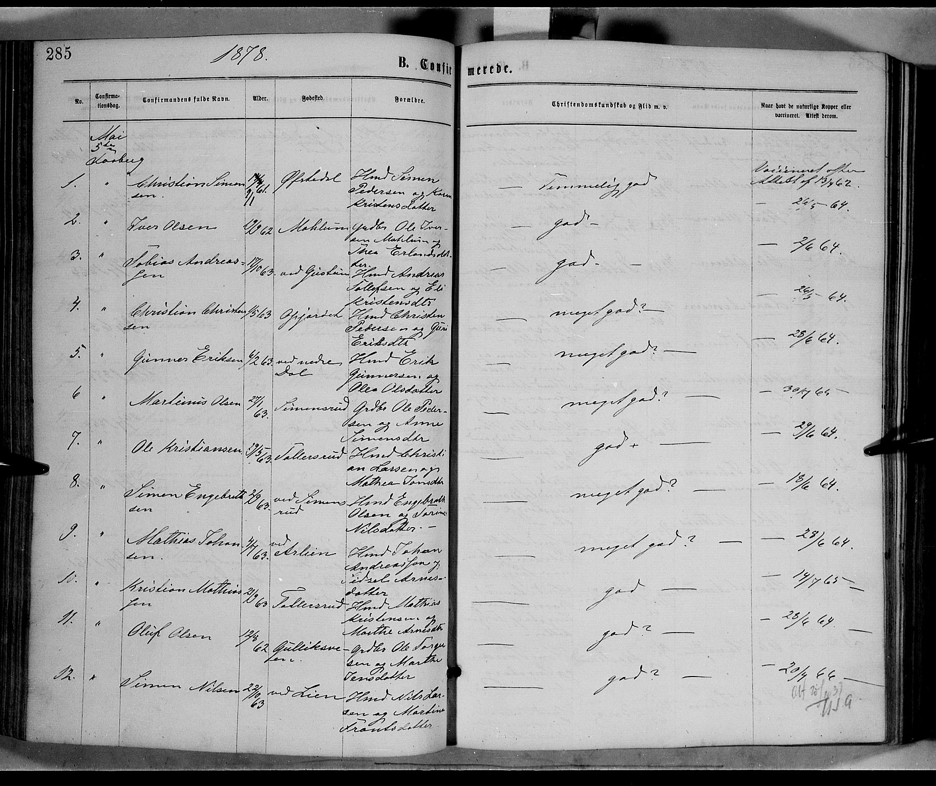 Fåberg prestekontor, SAH/PREST-086/H/Ha/Haa/L0007: Parish register (official) no. 7, 1868-1878, p. 285