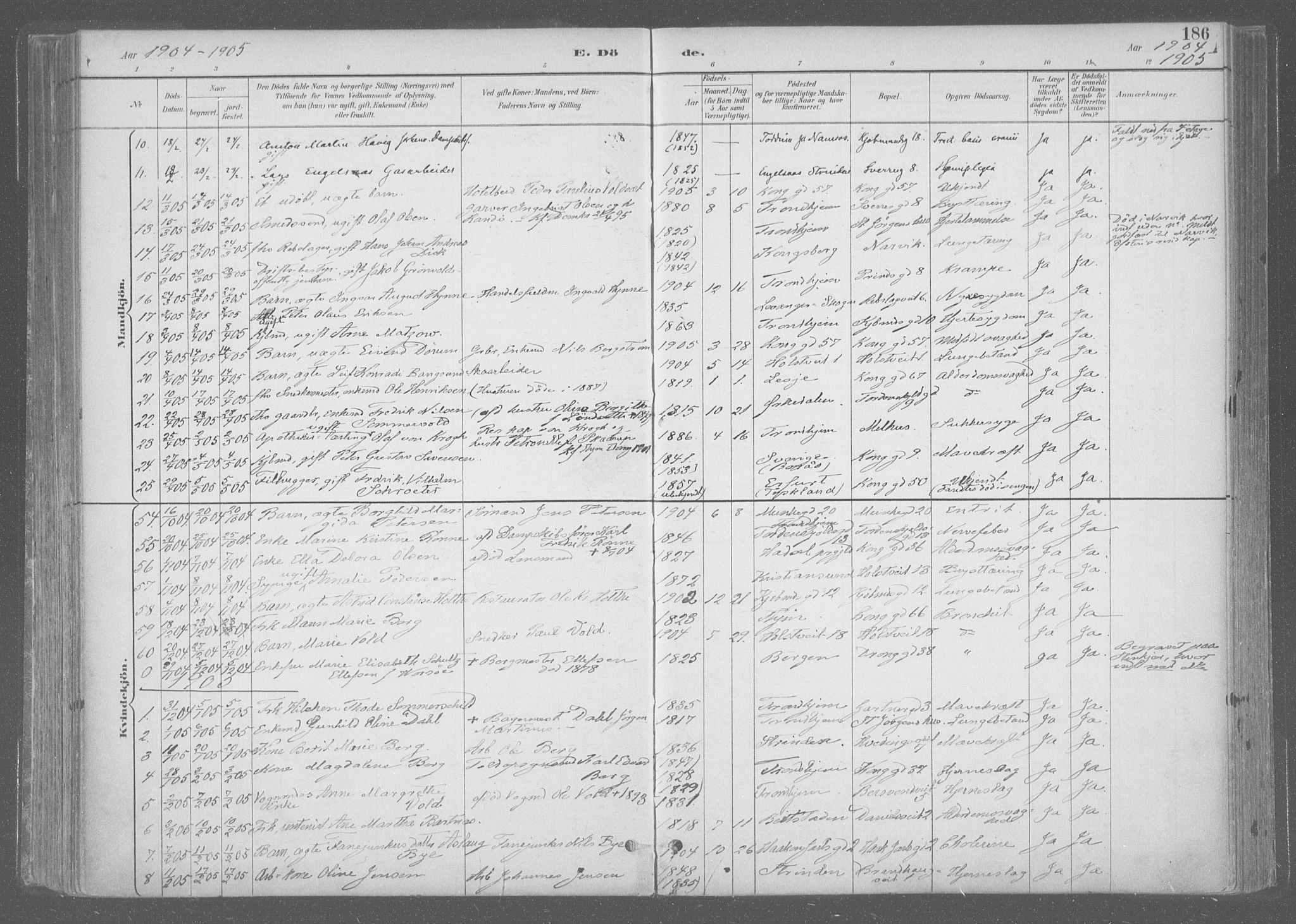 Ministerialprotokoller, klokkerbøker og fødselsregistre - Sør-Trøndelag, AV/SAT-A-1456/601/L0064: Parish register (official) no. 601A31, 1891-1911, p. 186