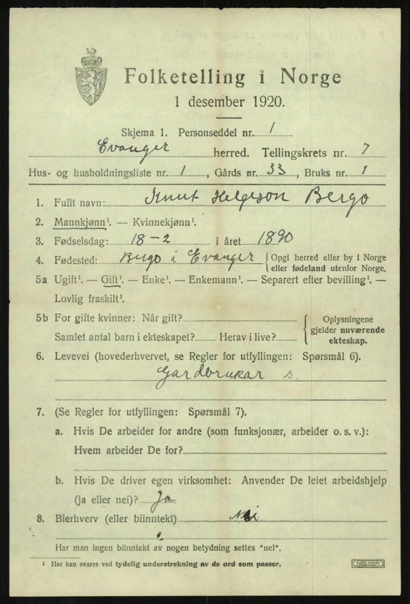 SAB, 1920 census for Evanger, 1920, p. 2319