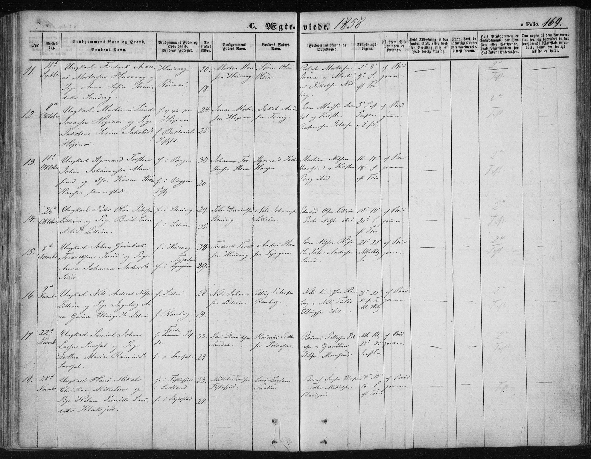 Ministerialprotokoller, klokkerbøker og fødselsregistre - Nordland, AV/SAT-A-1459/891/L1300: Parish register (official) no. 891A05, 1856-1870, p. 169