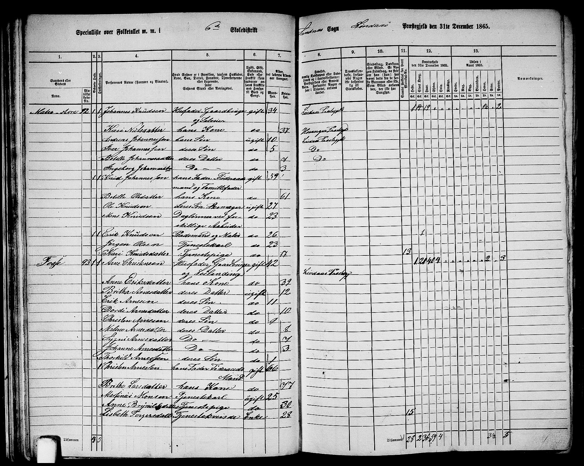 RA, 1865 census for Lindås, 1865, p. 51