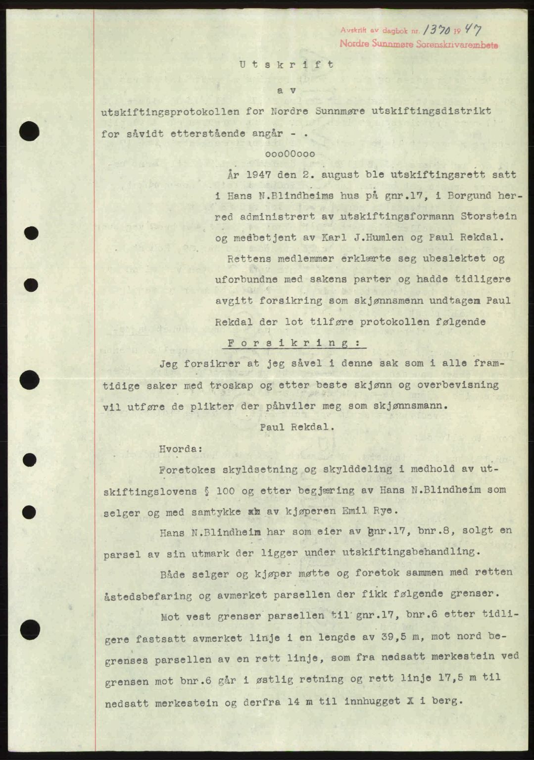 Nordre Sunnmøre sorenskriveri, AV/SAT-A-0006/1/2/2C/2Ca: Mortgage book no. A25, 1947-1947, Diary no: : 1370/1947