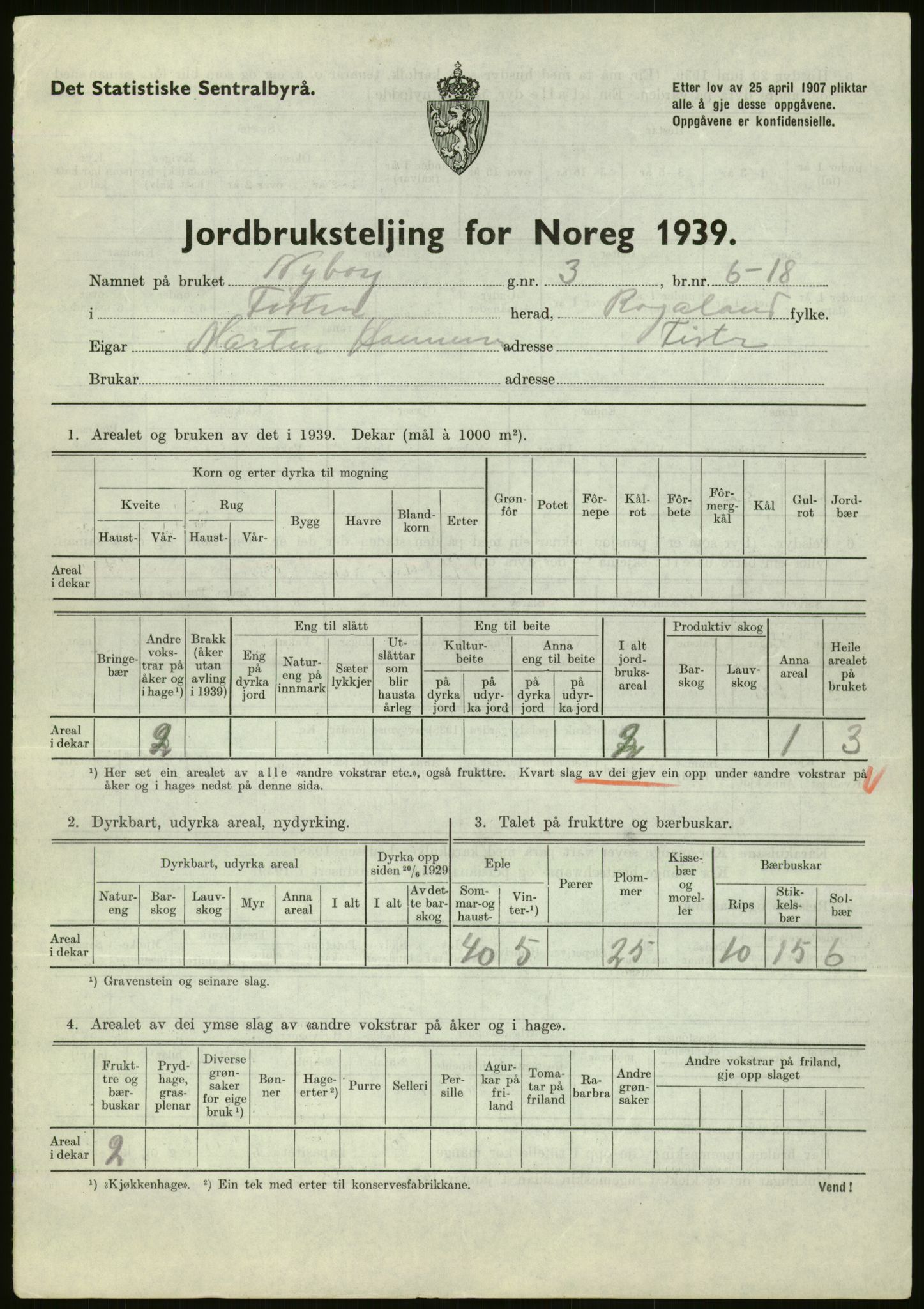 Statistisk sentralbyrå, Næringsøkonomiske emner, Jordbruk, skogbruk, jakt, fiske og fangst, AV/RA-S-2234/G/Gb/L0184: Rogaland: Årdal, Fister og Hjelmeland, 1939, p. 83