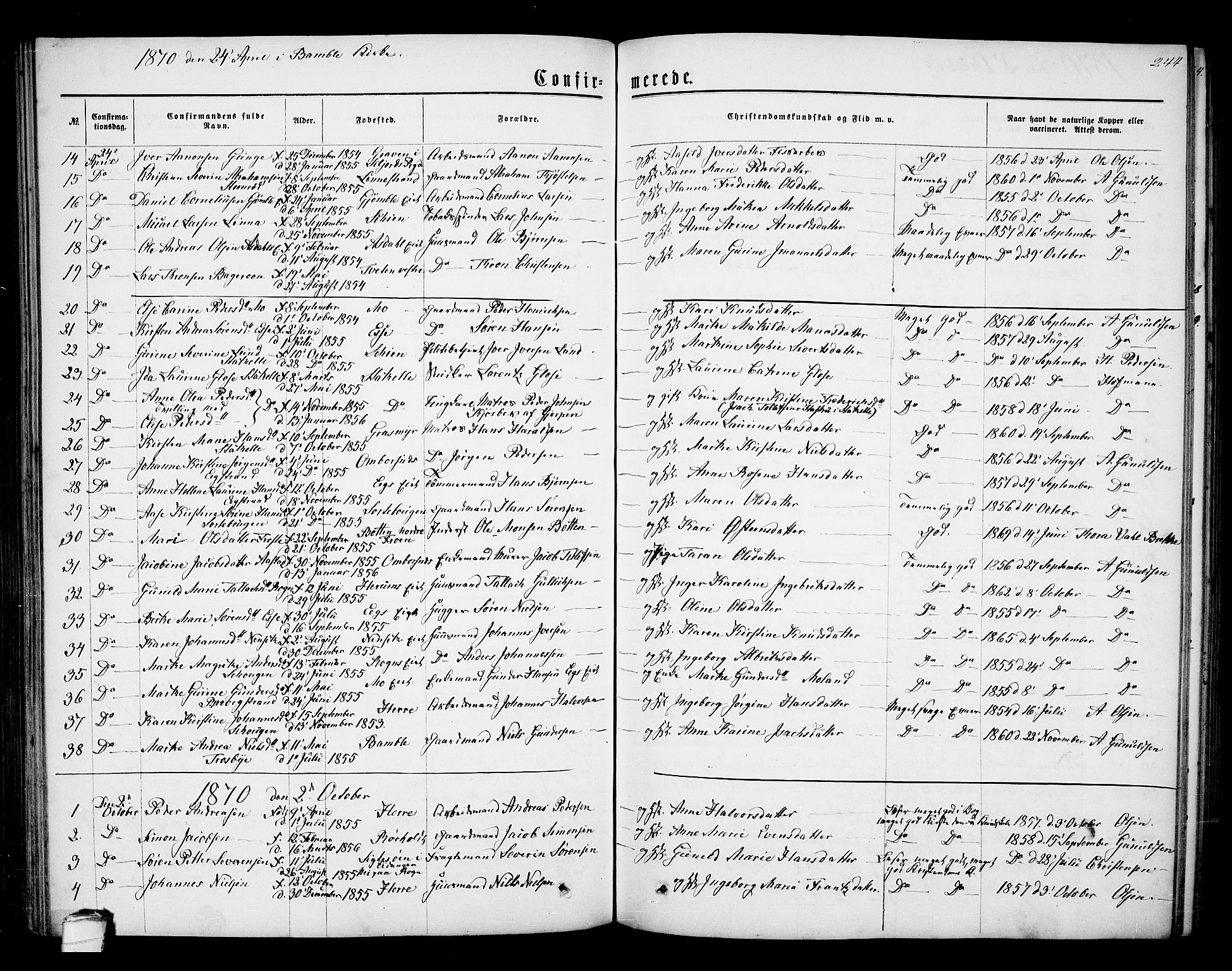 Bamble kirkebøker, SAKO/A-253/G/Ga/L0006: Parish register (copy) no. I 6, 1860-1876, p. 244