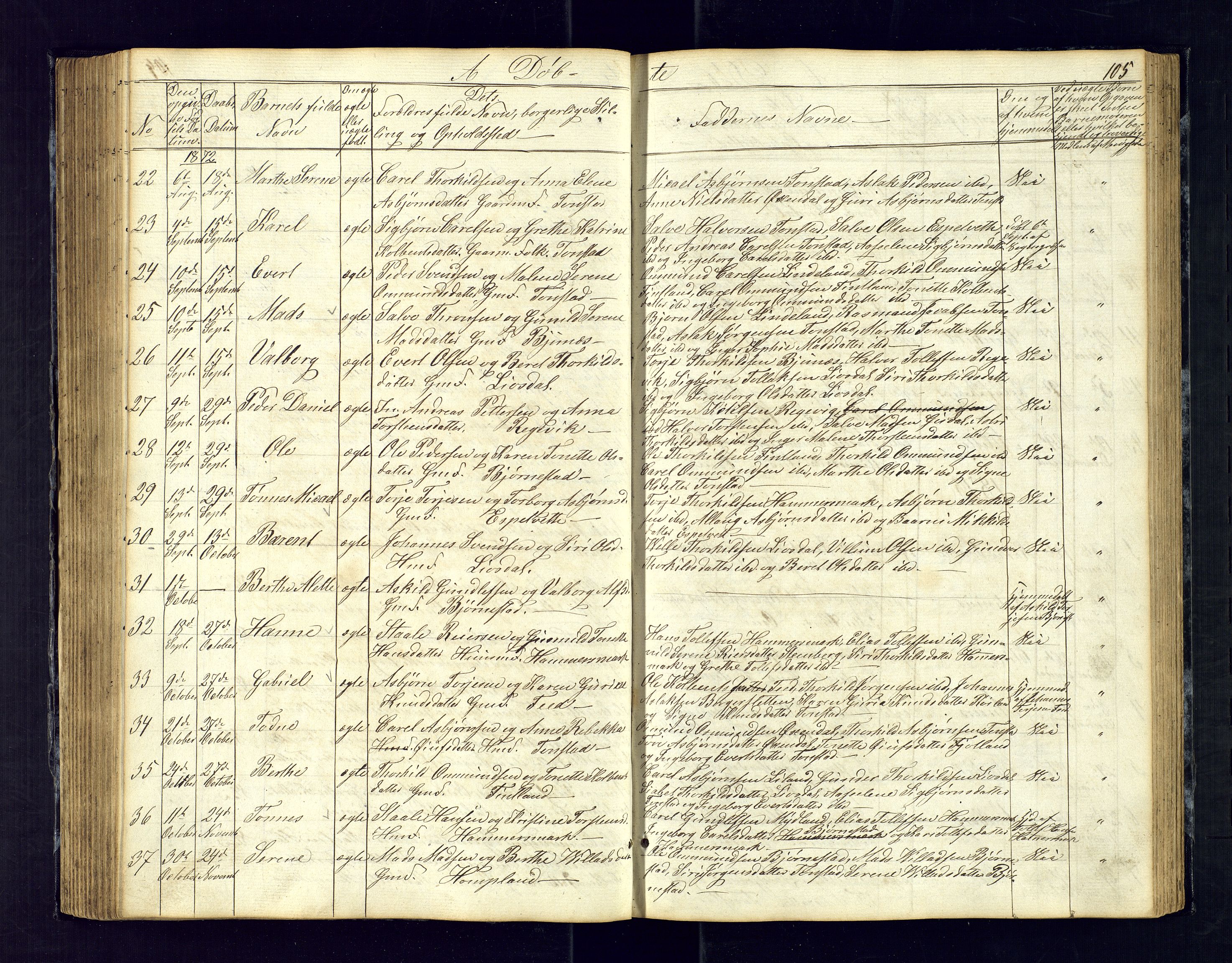 Sirdal sokneprestkontor, SAK/1111-0036/F/Fb/Fbb/L0002: Parish register (copy) no. B-2, 1848-1878, p. 105