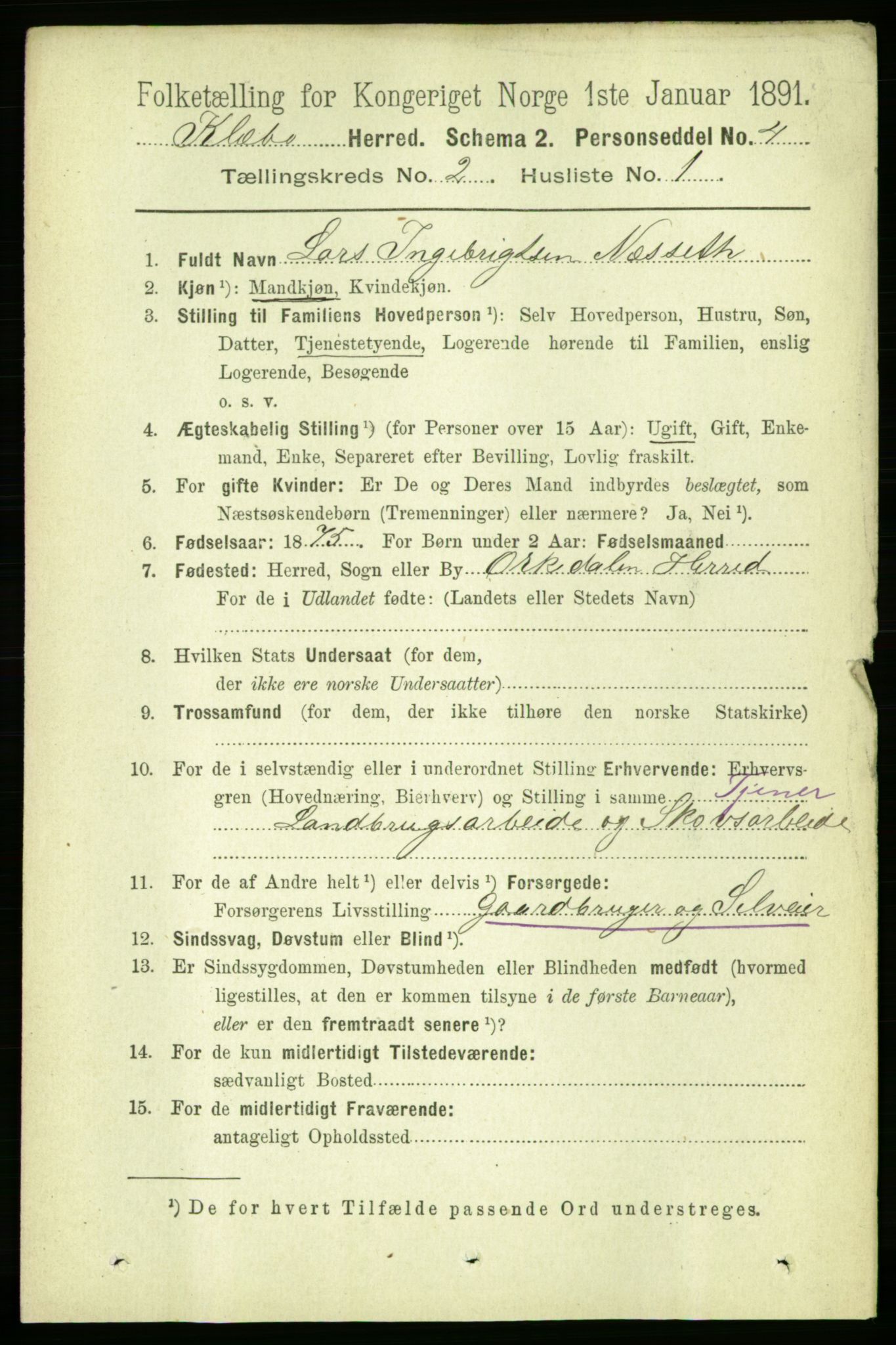 RA, 1891 census for 1662 Klæbu, 1891, p. 220