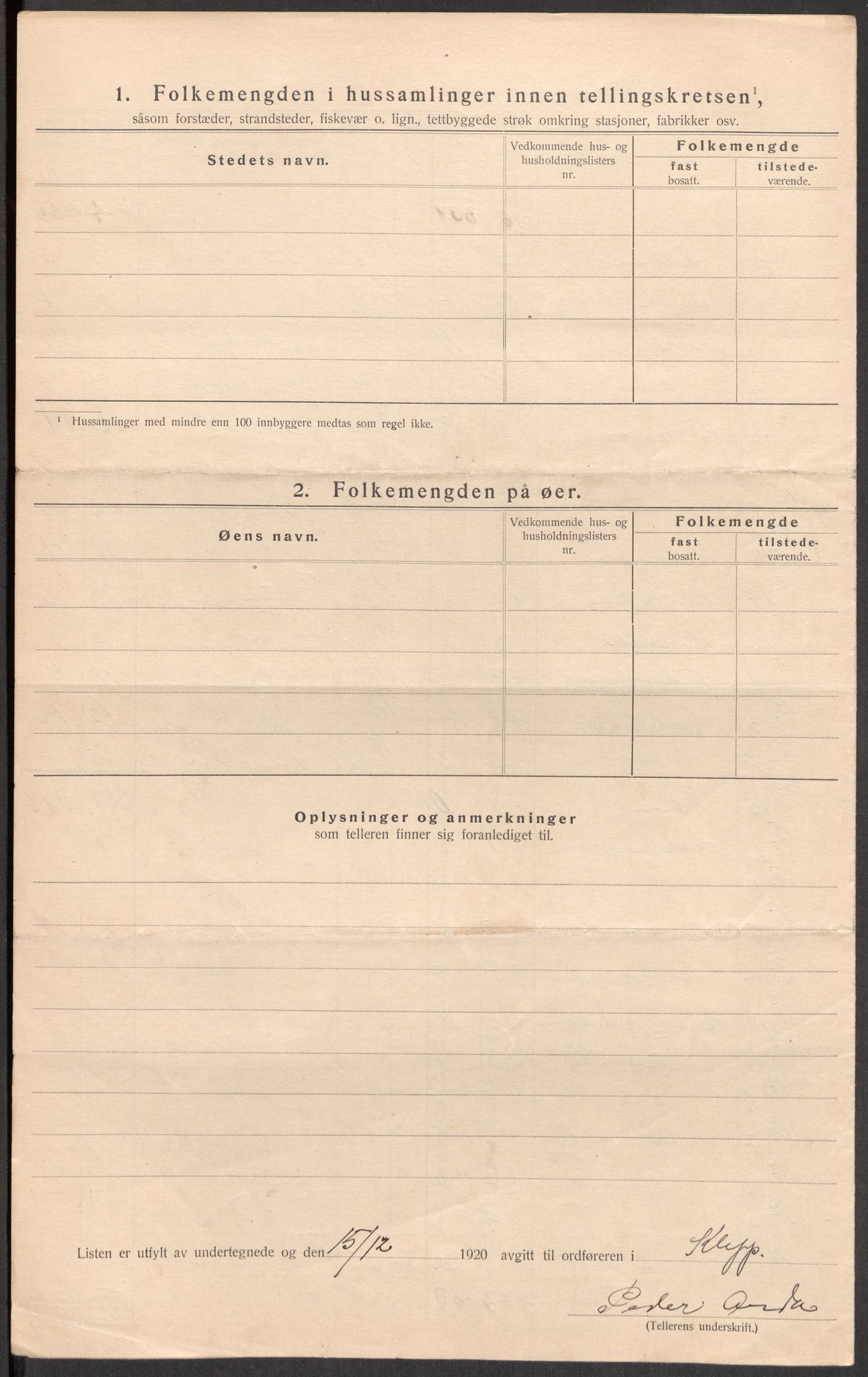 SAST, 1920 census for Klepp, 1920, p. 15