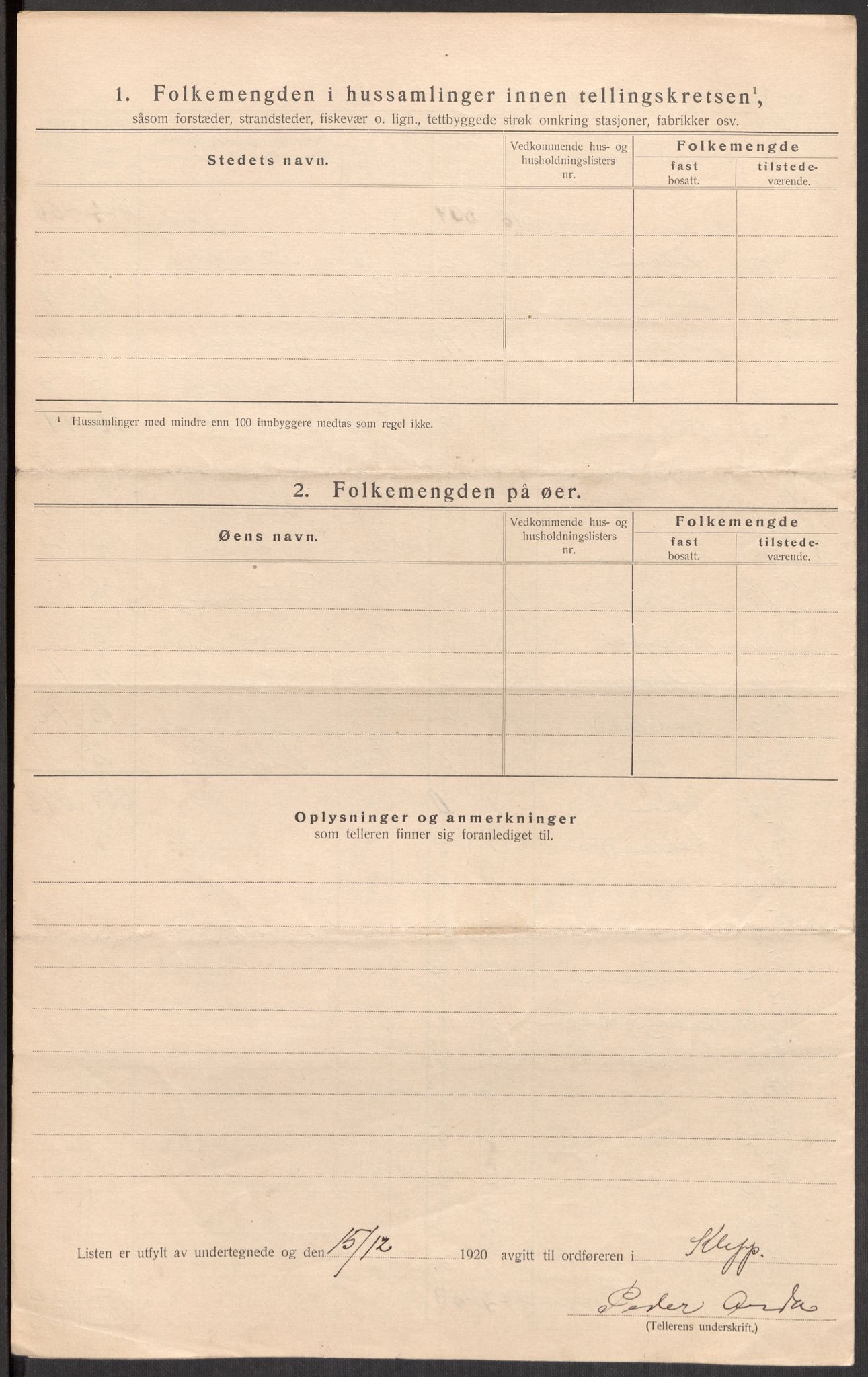 SAST, 1920 census for Klepp, 1920, p. 15