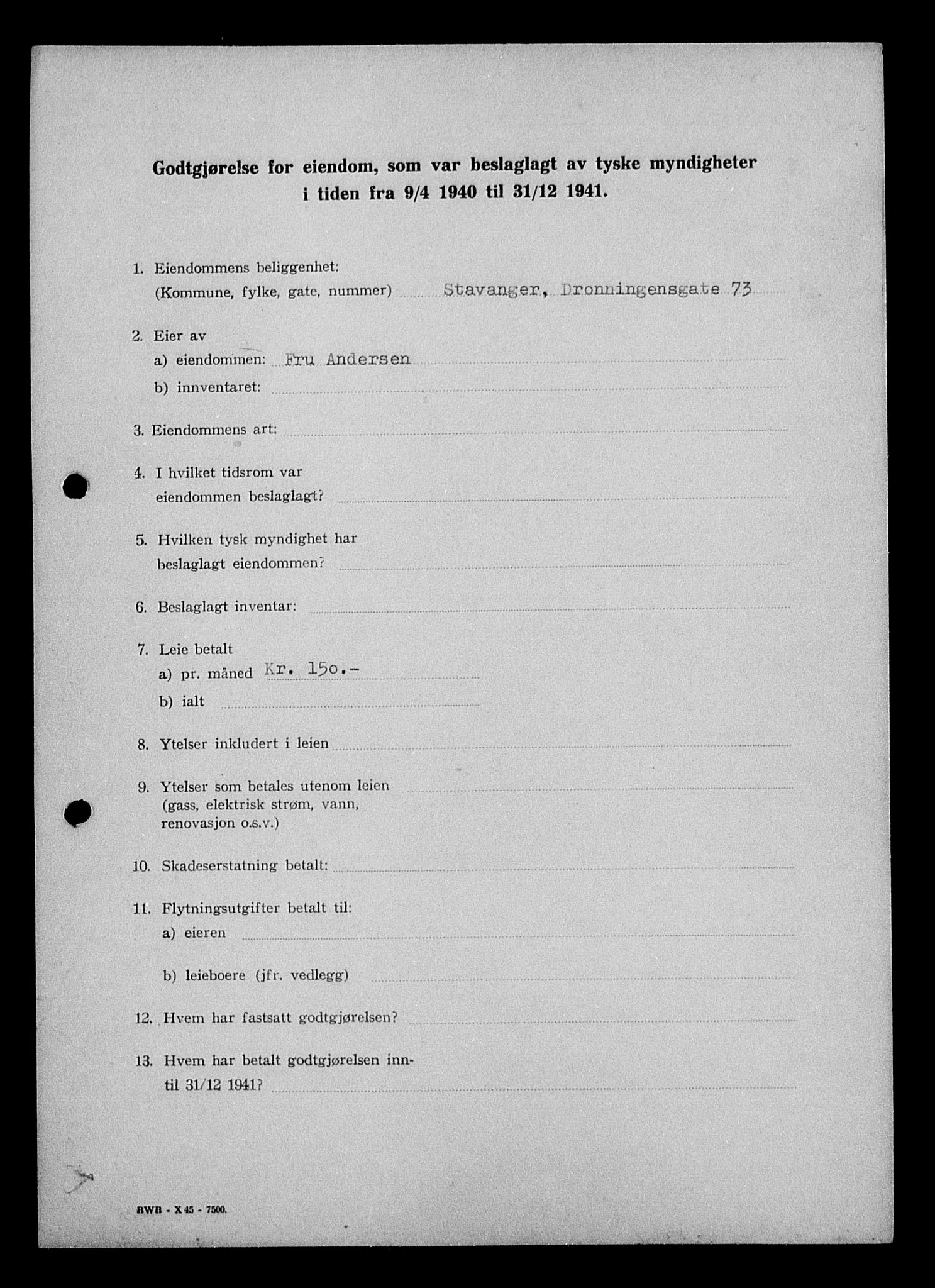 Justisdepartementet, Tilbakeføringskontoret for inndratte formuer, AV/RA-S-1564/I/L1014: Godtgjørelse for beslaglagt eiendom, 1940-1941, p. 6