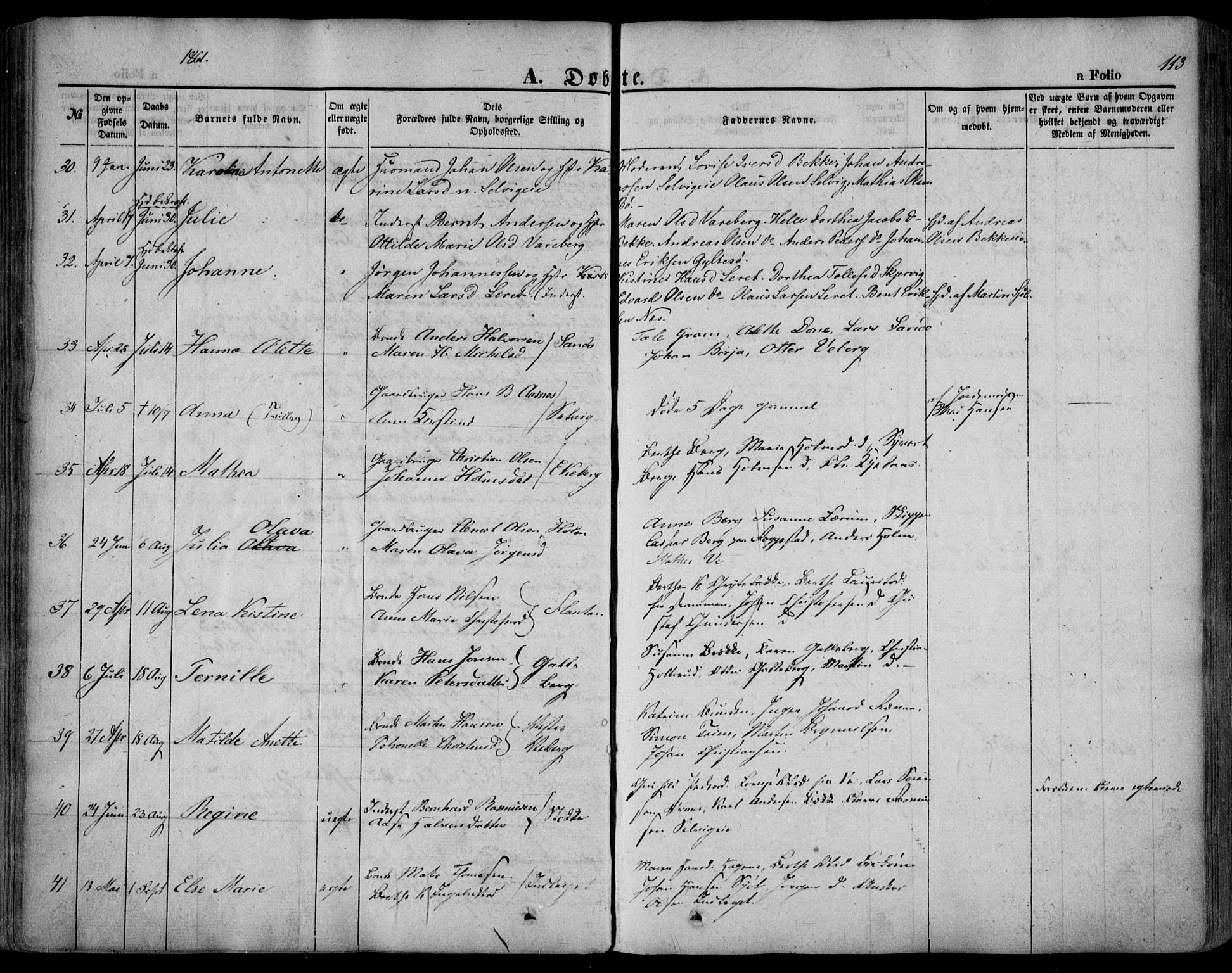 Sande Kirkebøker, AV/SAKO-A-53/F/Fa/L0004: Parish register (official) no. 4, 1847-1864, p. 113