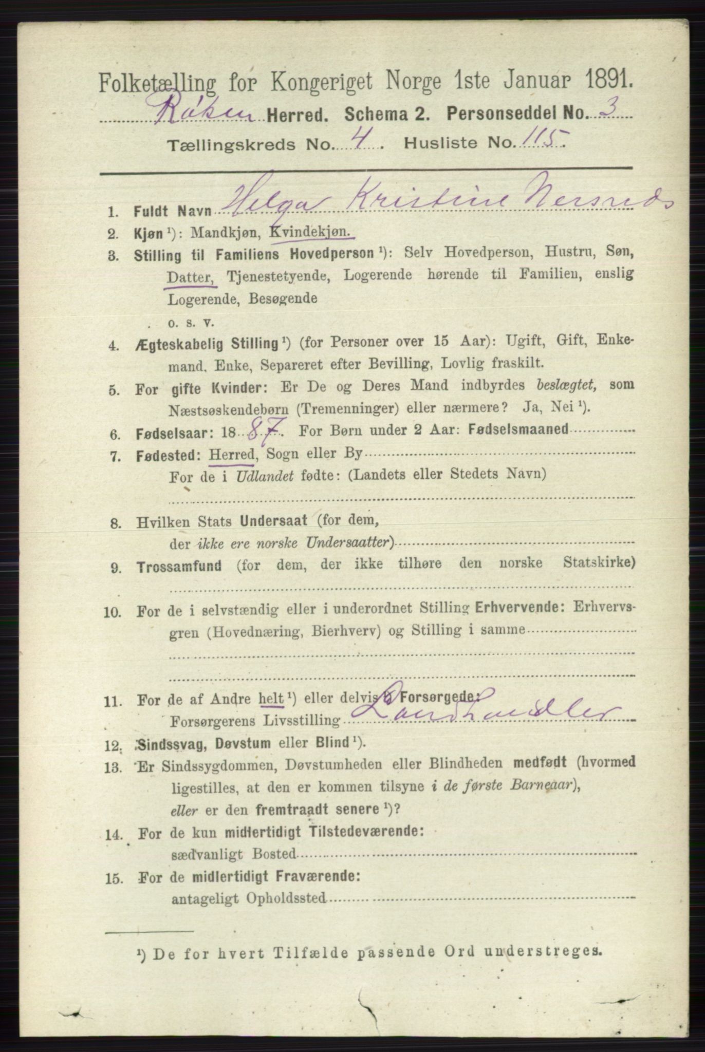 RA, 1891 census for 0627 Røyken, 1891, p. 2747