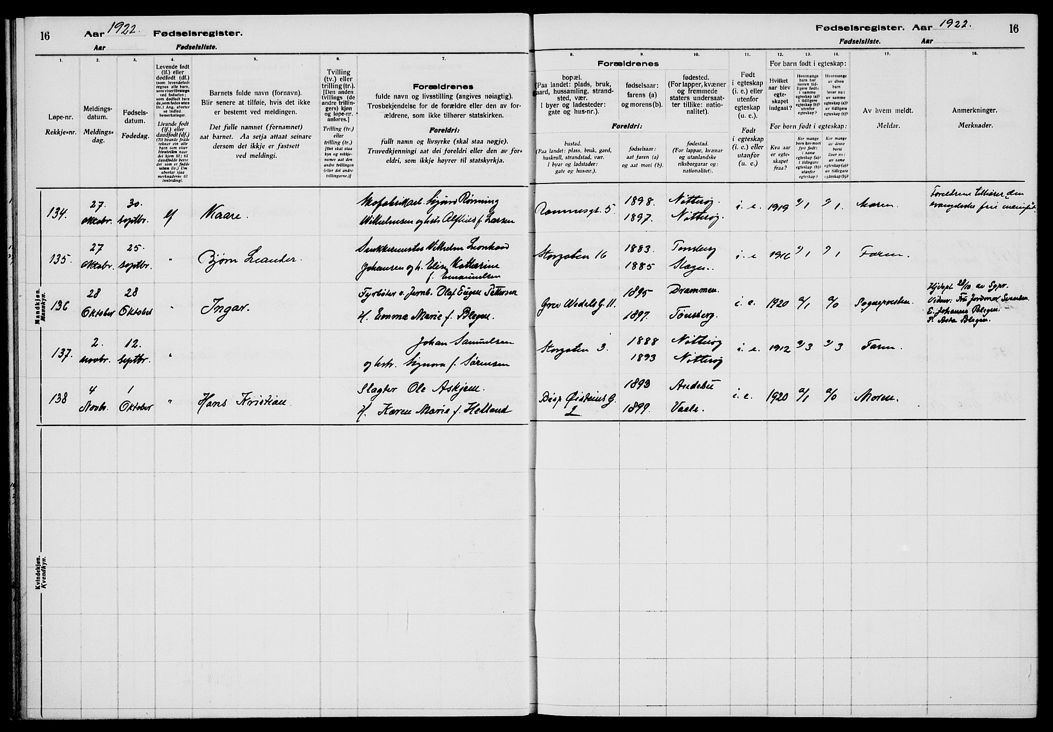 Tønsberg kirkebøker, AV/SAKO-A-330/J/Ja/L0002: Birth register no. 2, 1922-1928, p. 16