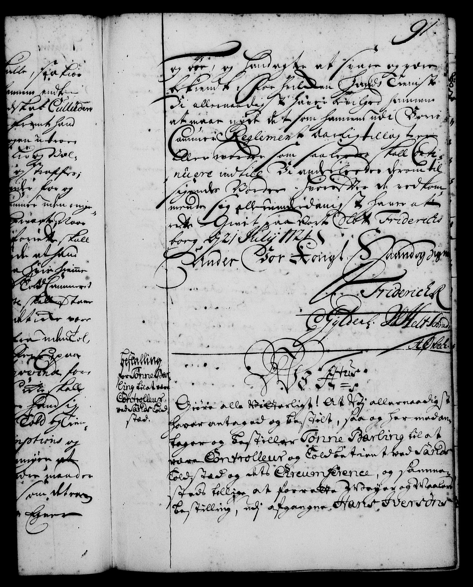 Rentekammeret, Kammerkanselliet, RA/EA-3111/G/Gg/Gge/L0001: Norsk bestallingsprotokoll med register (merket RK 53.25), 1720-1730, p. 91